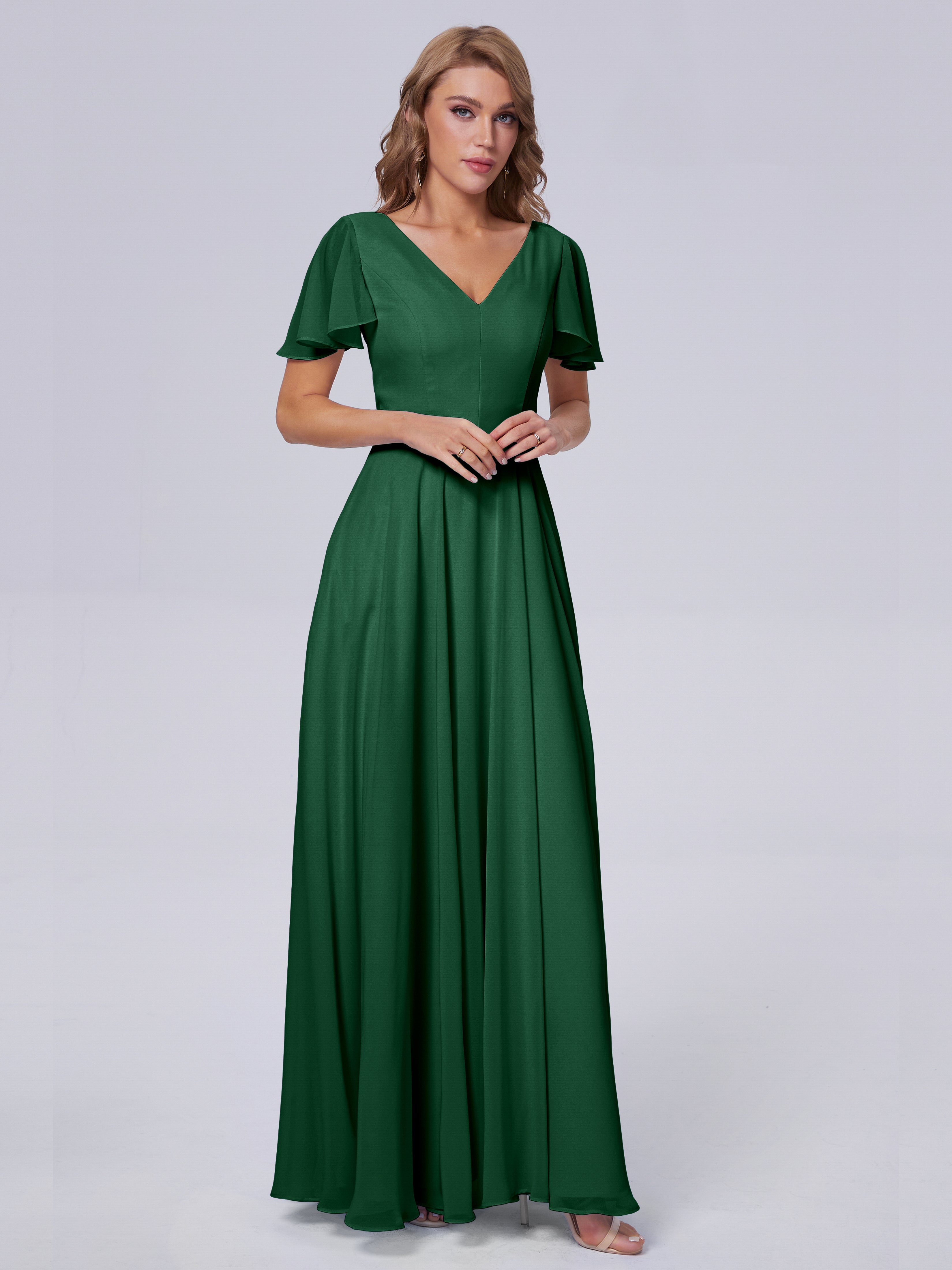 Demoiselle D'Honneur Vert Foncé Manches Courtes Mousseline Robes Demoiselle D'Honneur