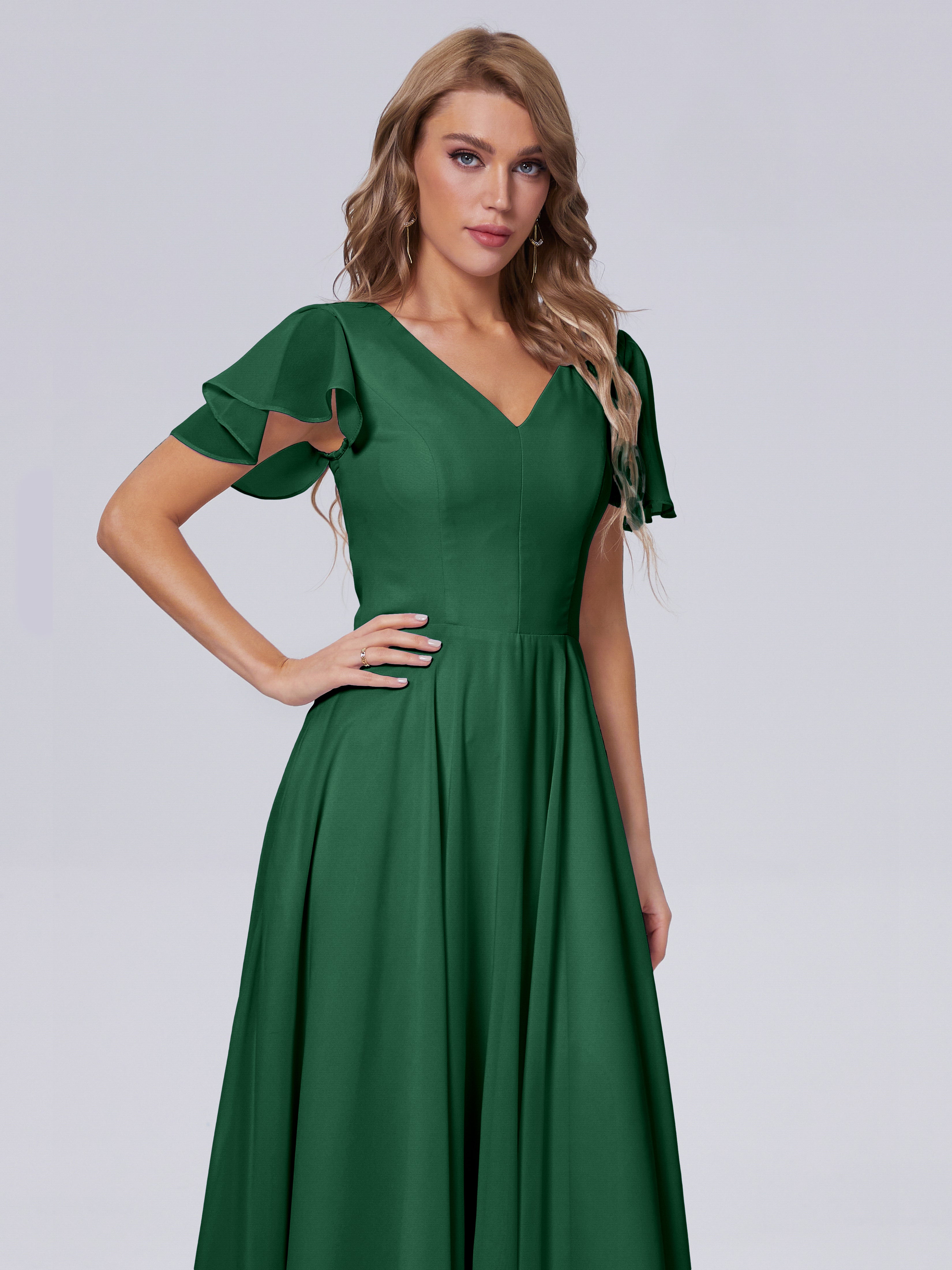 Demoiselle D'Honneur Vert Foncé Manches Courtes Mousseline Robes Demoiselle D'Honneur