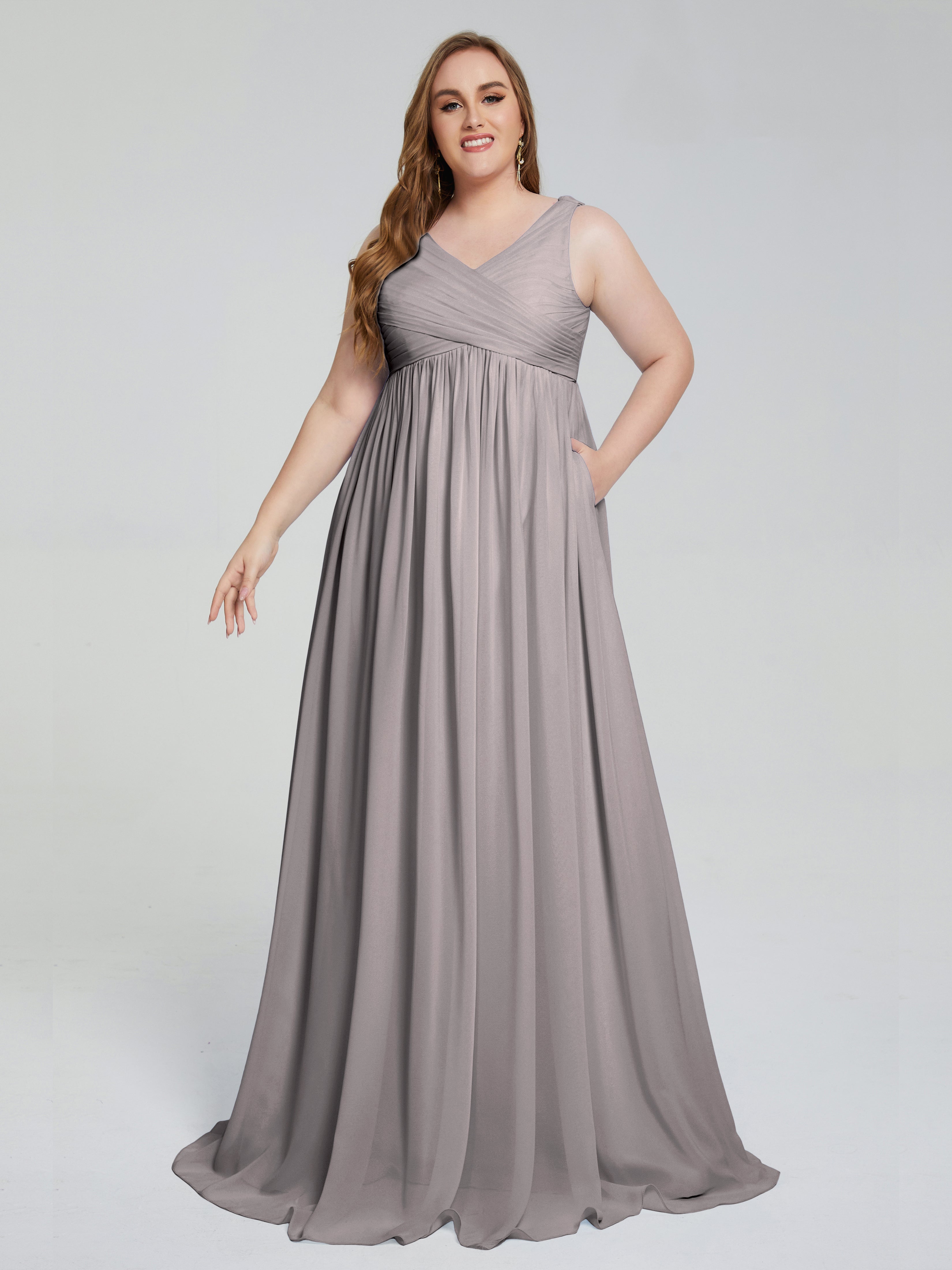 Robe Demoiselle D Honneur Argent Bretelles Col V Mousseline Robes Demoiselle D'Honneur Grande Taille