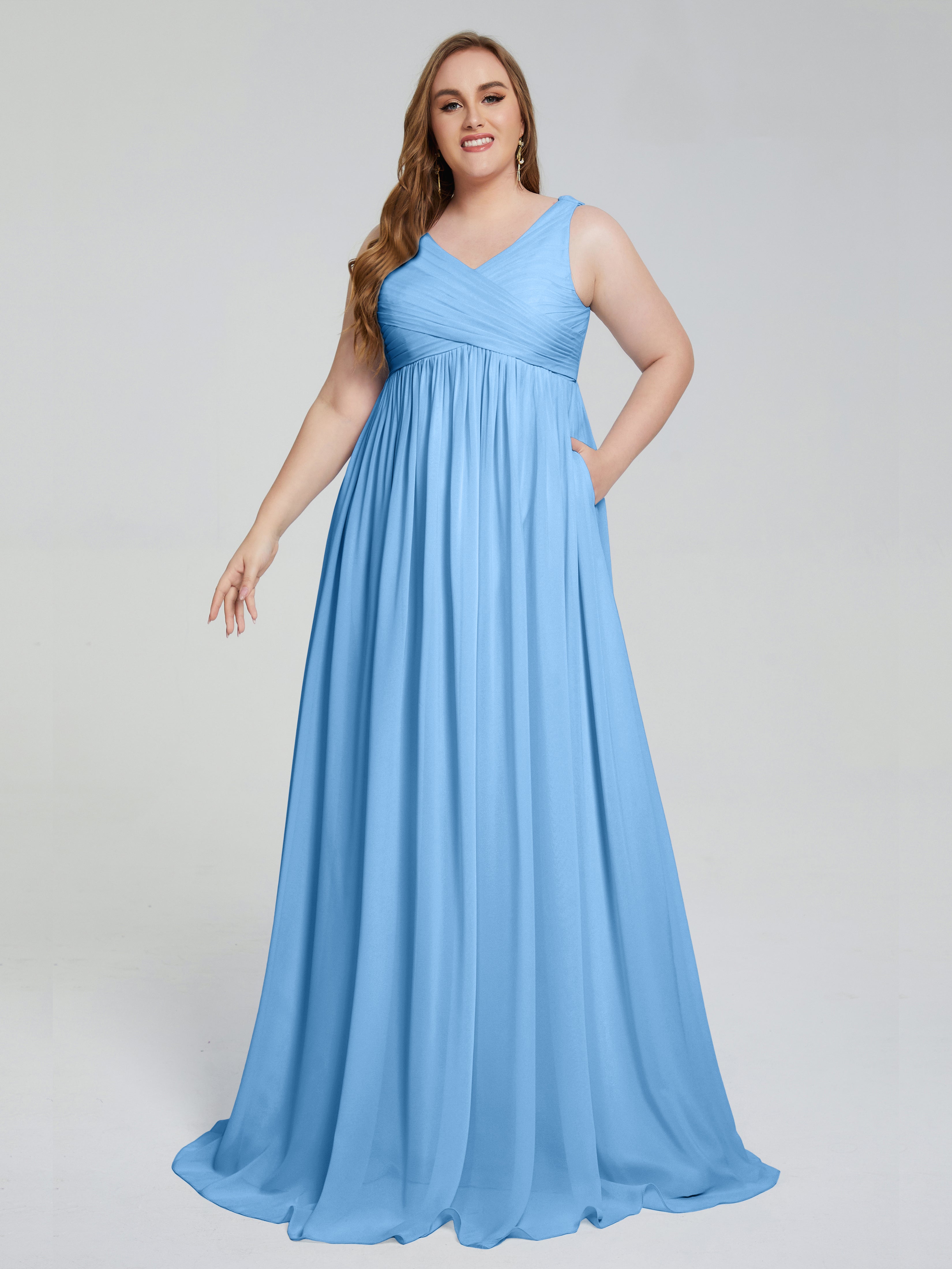 Robe De Demoiselle D Honneur Bleue Bretelles Col V Mousseline Robes Demoiselle D'Honneur Grande Taille