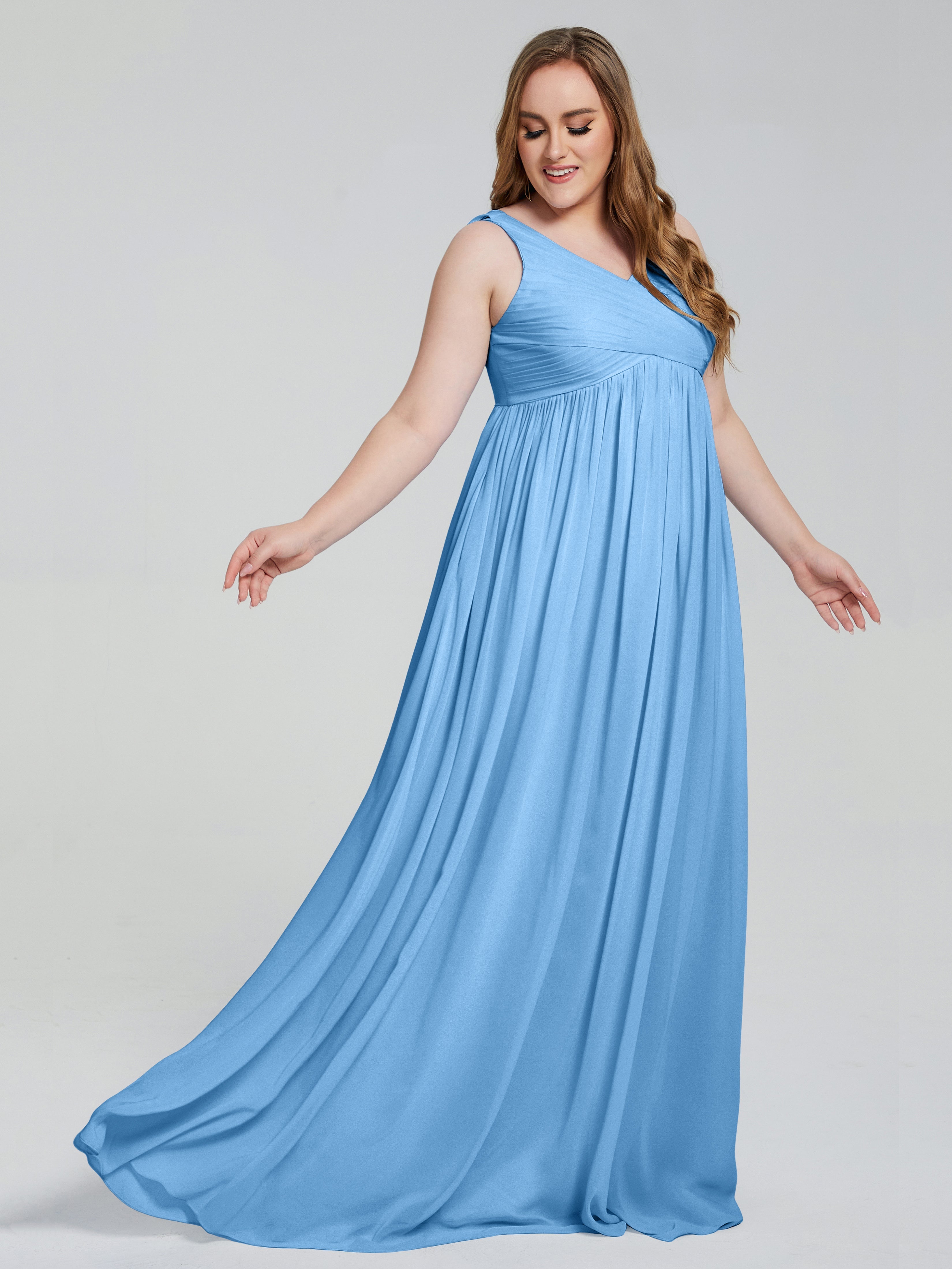 Robe De Demoiselle D Honneur Bleue Bretelles Col V Mousseline Robes Demoiselle D'Honneur Grande Taille