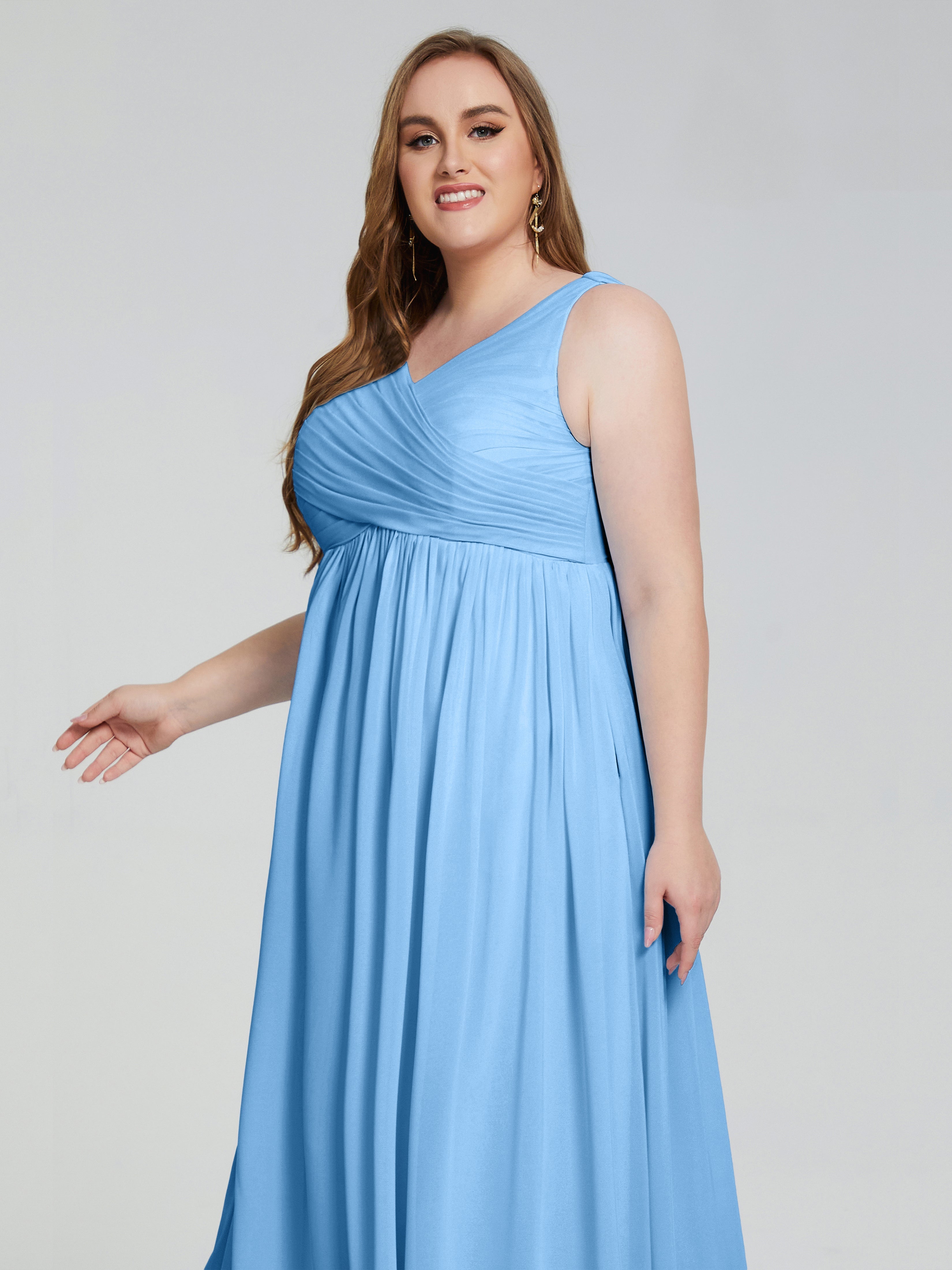 Robe De Demoiselle D Honneur Bleue Bretelles Col V Mousseline Robes Demoiselle D'Honneur Grande Taille