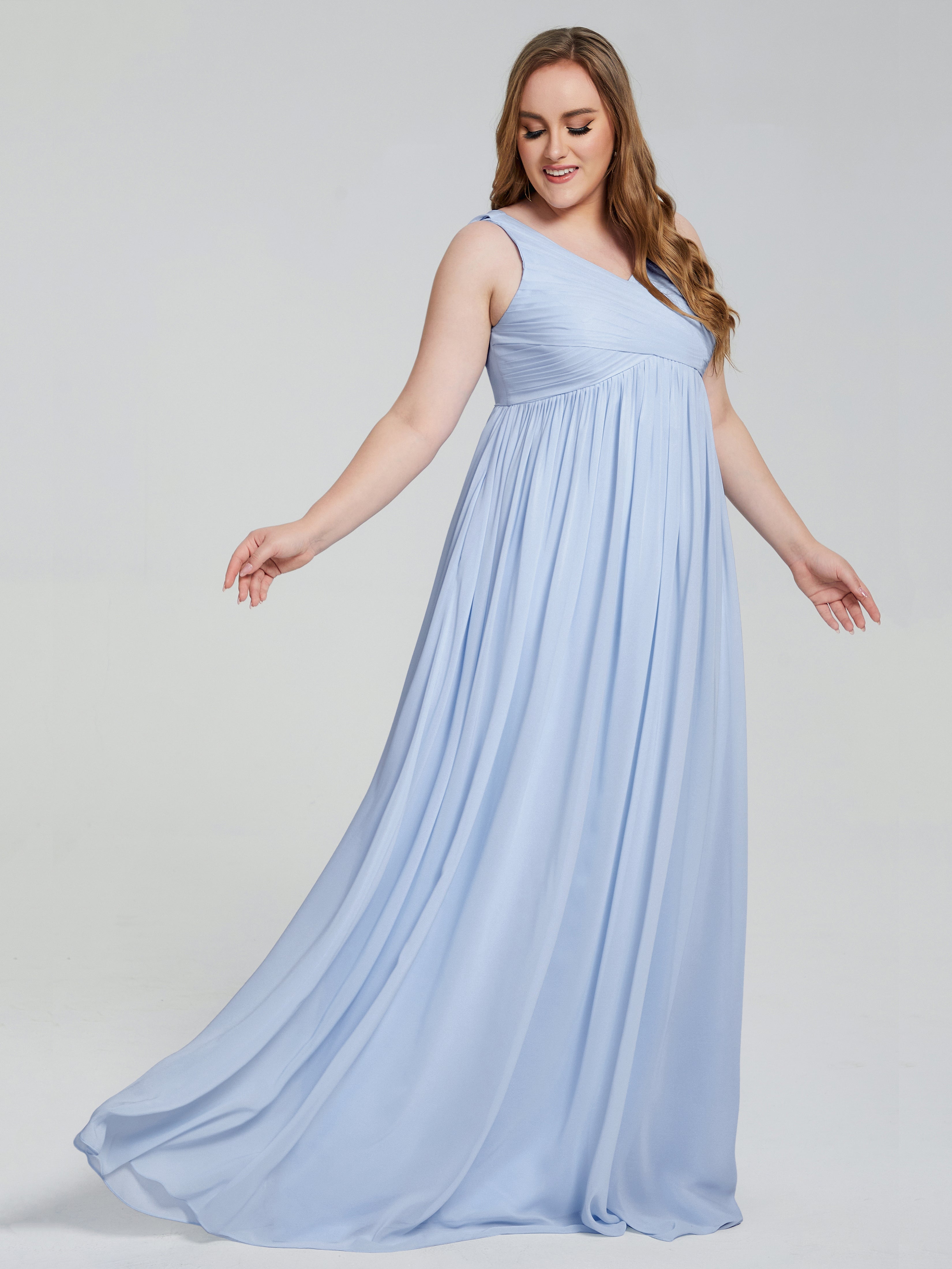 Robe Demoiselle D Honneur Bleue Ciel Bretelles Col V Mousseline Robes Demoiselle D'Honneur Grande Taille