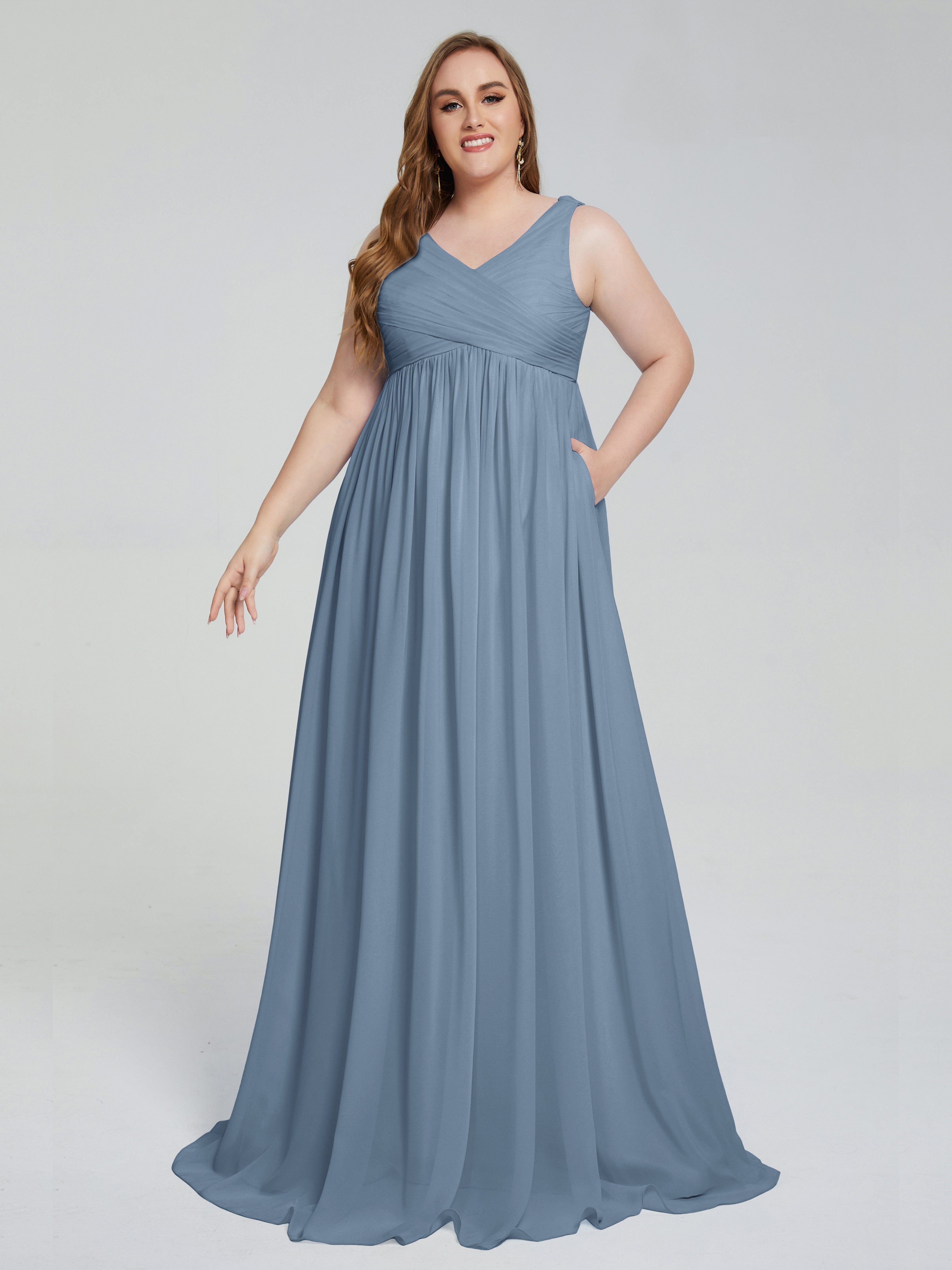 Robes De Demoiselle D'Honneur Bleu De Schiste Bretelles Col V Mousseline Robes Demoiselle D'Honneur Grande Taille