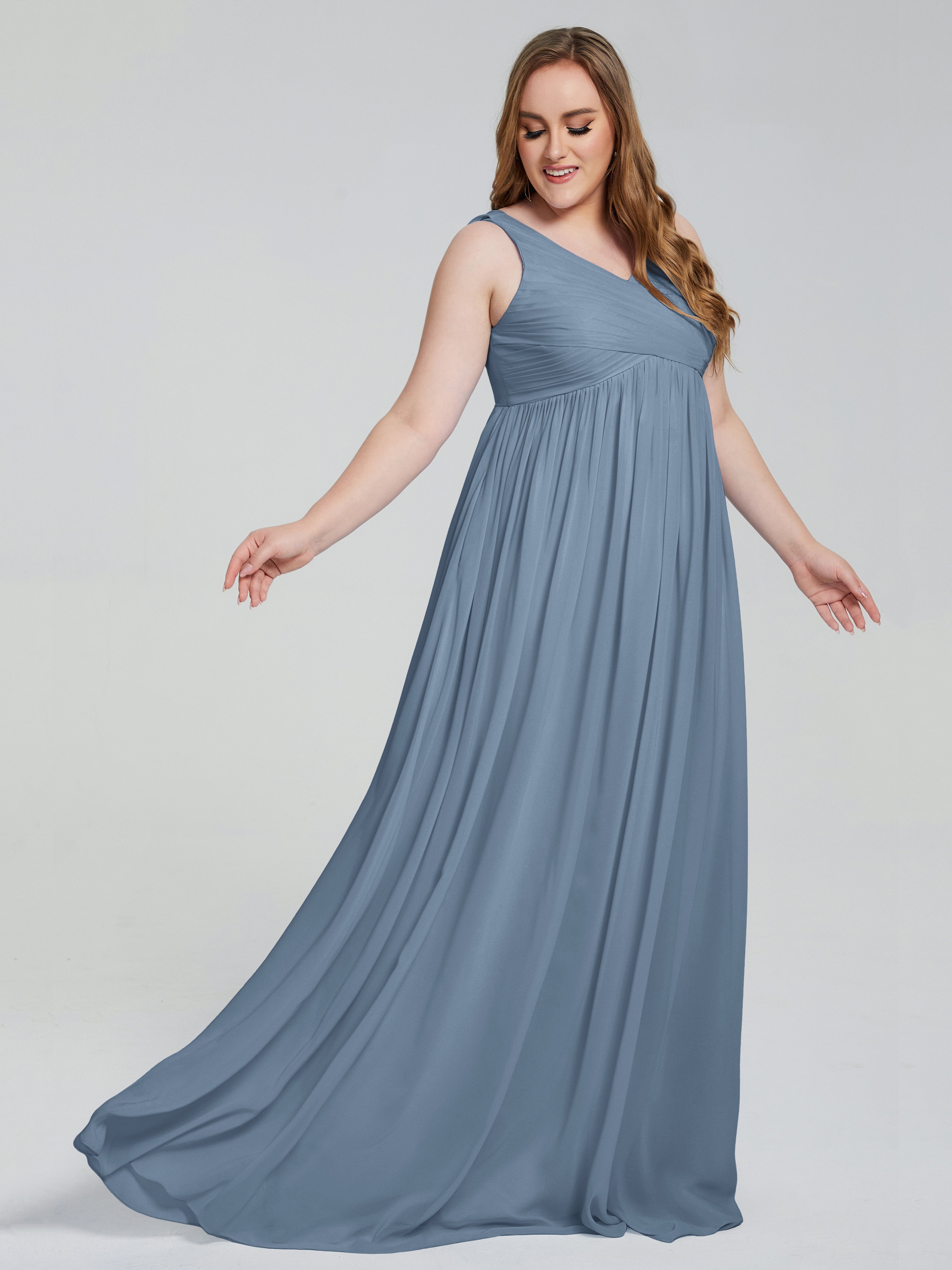 Robes De Demoiselle D'Honneur Bleu De Schiste Bretelles Col V Mousseline Robes Demoiselle D'Honneur Grande Taille