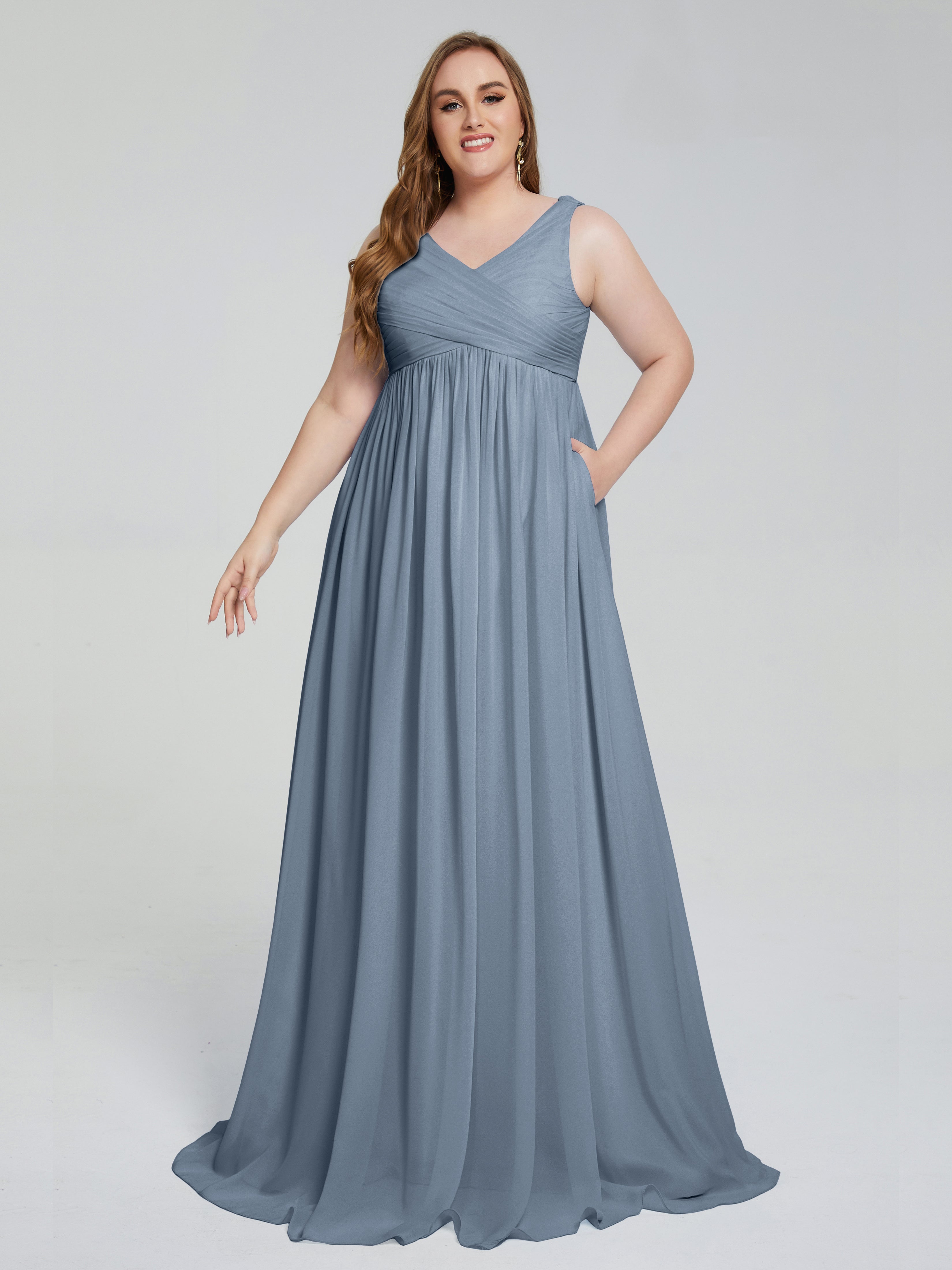 Robes De Demoiselle D'Honneur Bleu Gris Bretelles Col V Mousseline Robes Demoiselle D'Honneur Grande Taille