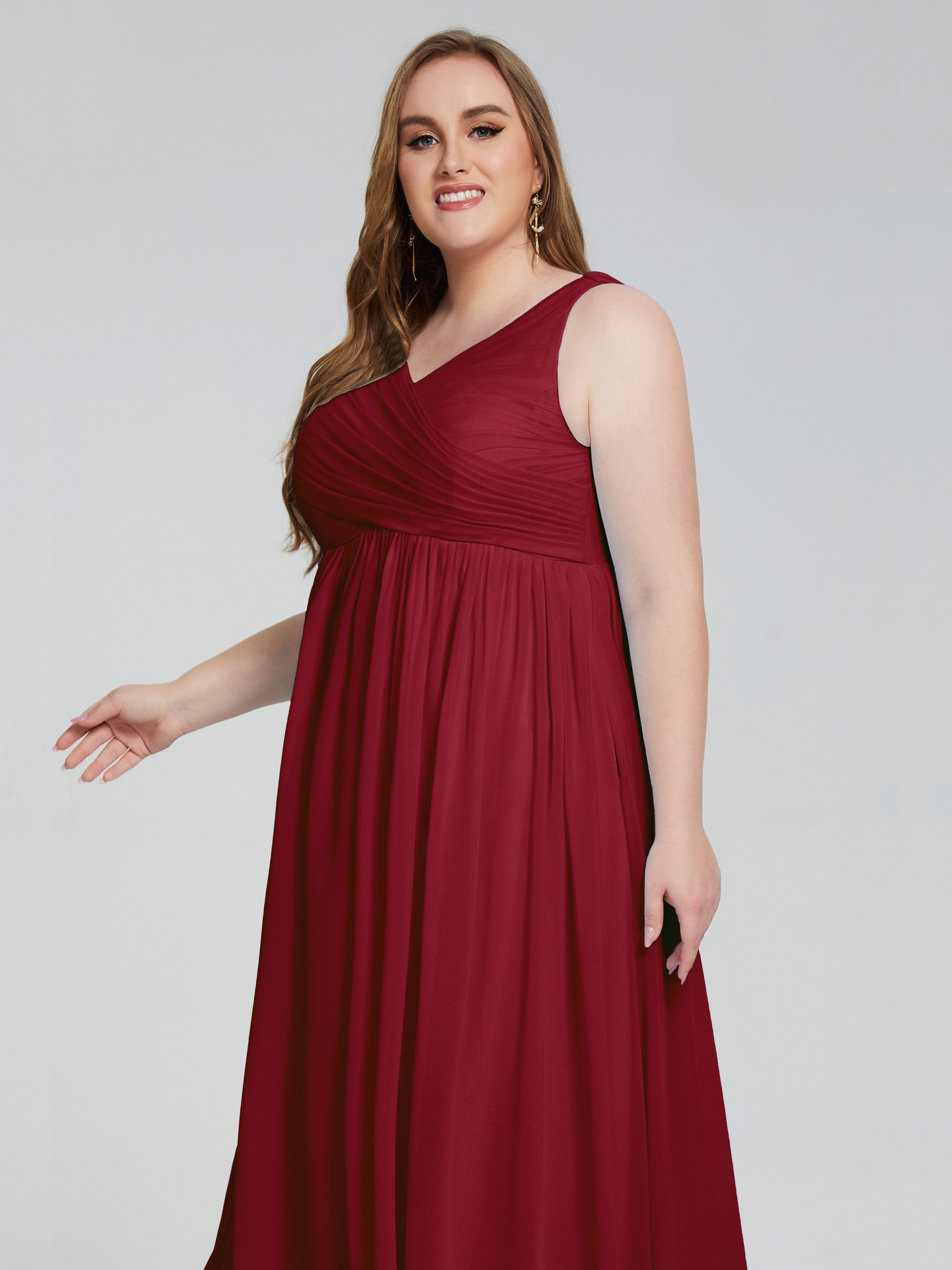 Robe Demoiselle D Honneur Rouge Bordeaux Bretelles Col V Mousseline Robes Demoiselle D'Honneur Grande Taille