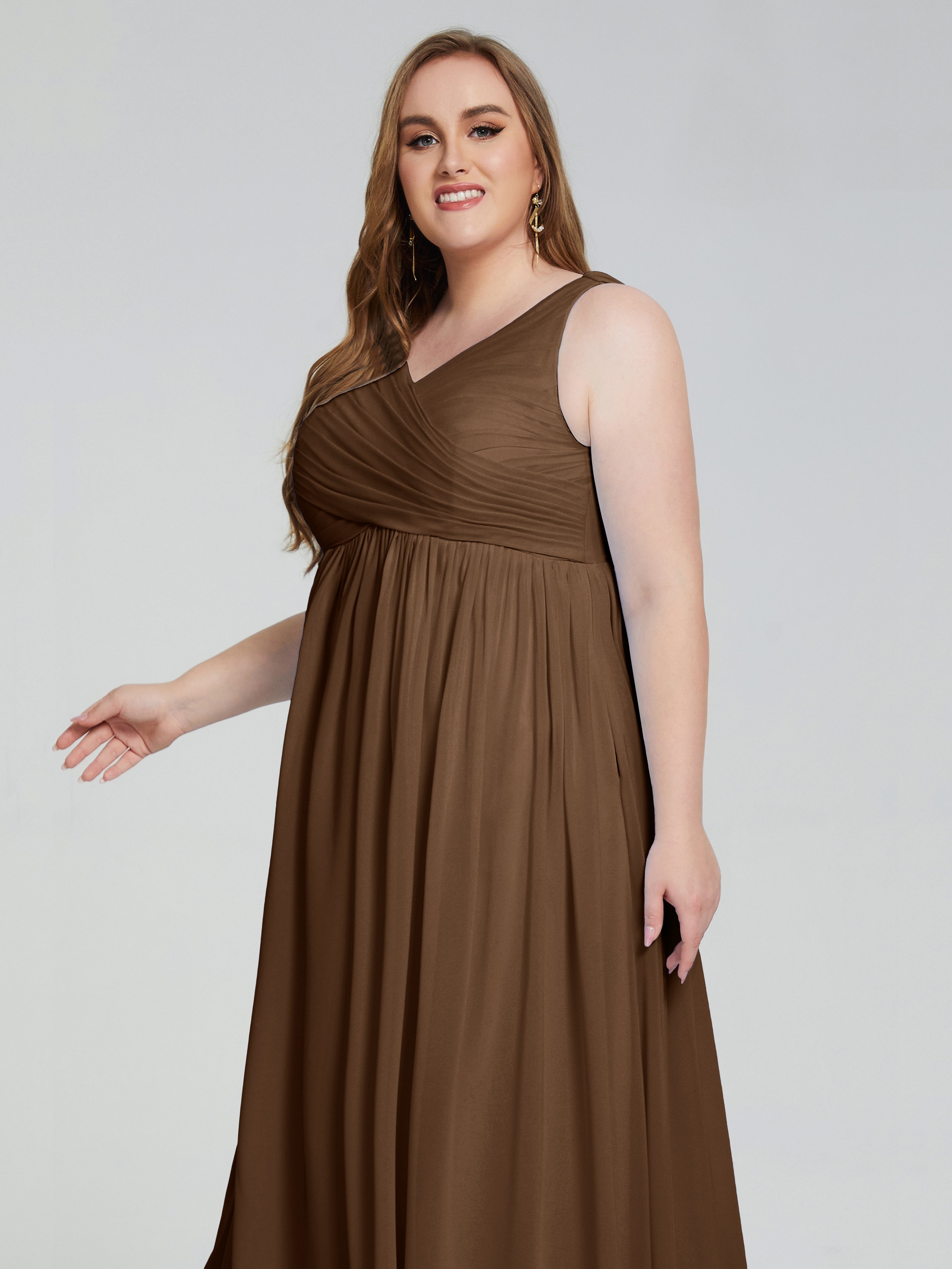 Robes De Demoiselle D'Honneur Brun Bretelles Col V Mousseline Robes Demoiselle D'Honneur Grande Taille