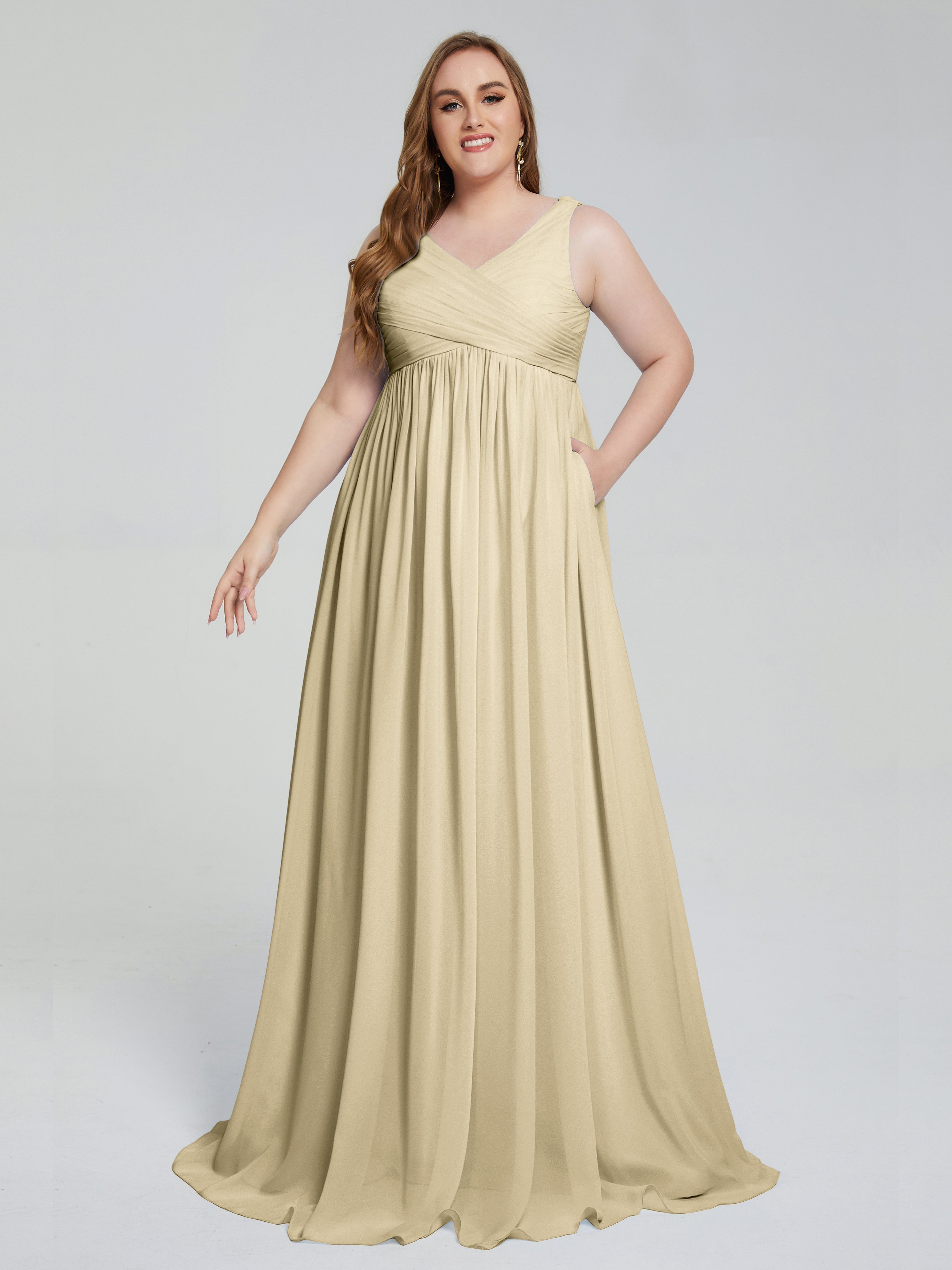 Robe De Demoiselle D'Honneur Champagne Bretelles Col V Mousseline Robes Demoiselle D'Honneur Grande Taille