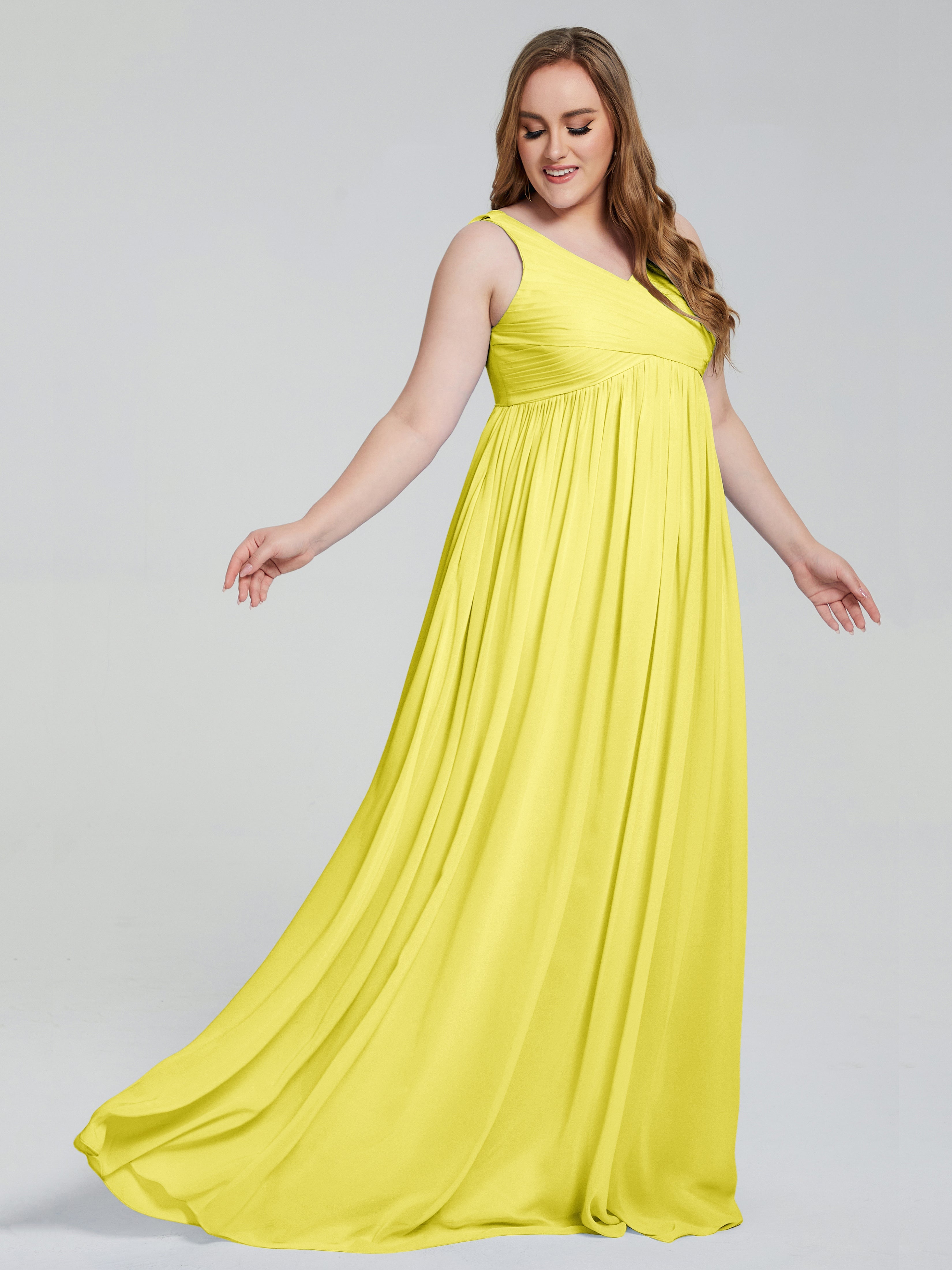 Robes De Demoiselle D'Honneur Citron Bretelles Col V Mousseline Robes Demoiselle D'Honneur Grande Taille