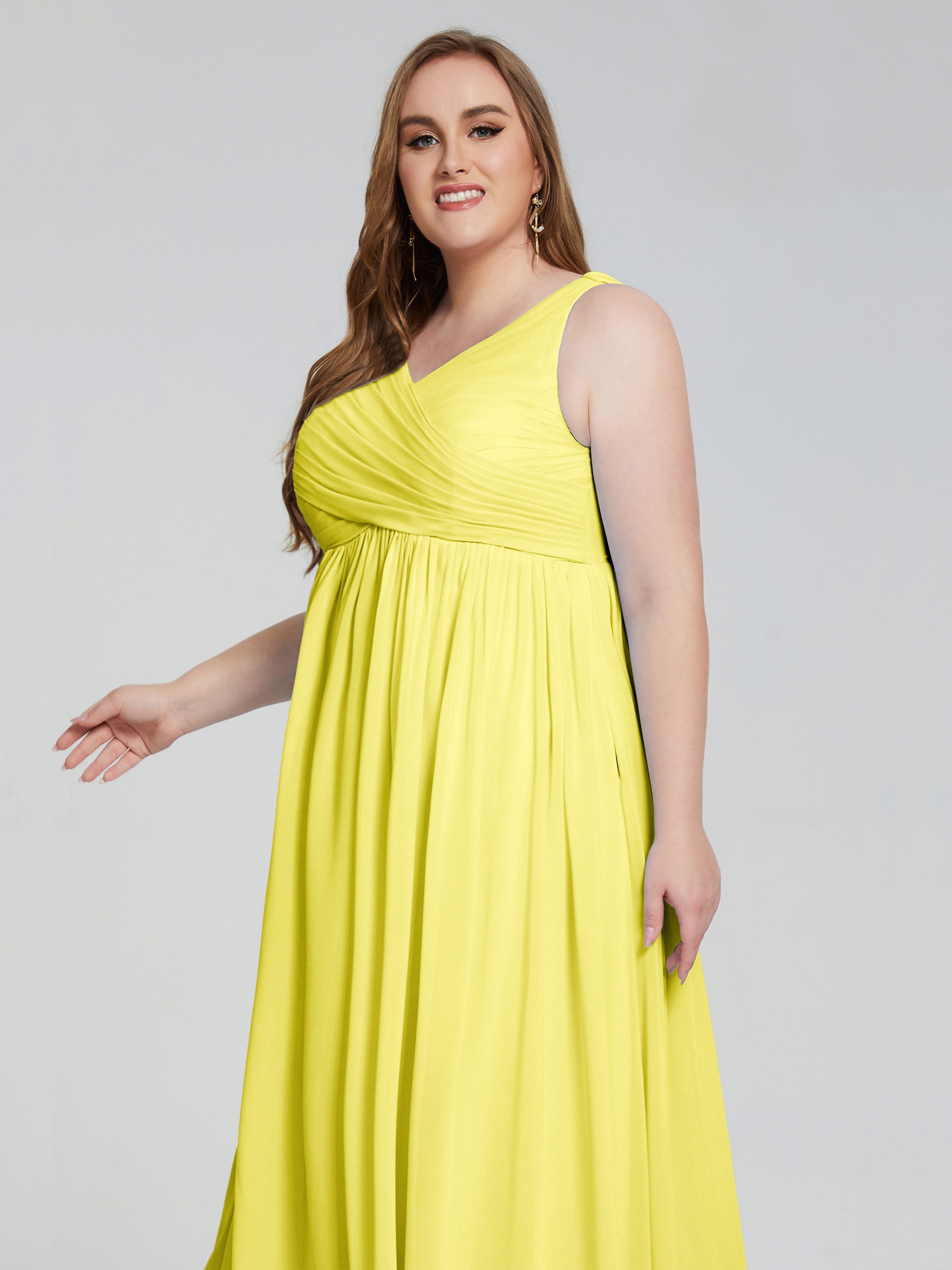 Robes De Demoiselle D'Honneur Citron Bretelles Col V Mousseline Robes Demoiselle D'Honneur Grande Taille