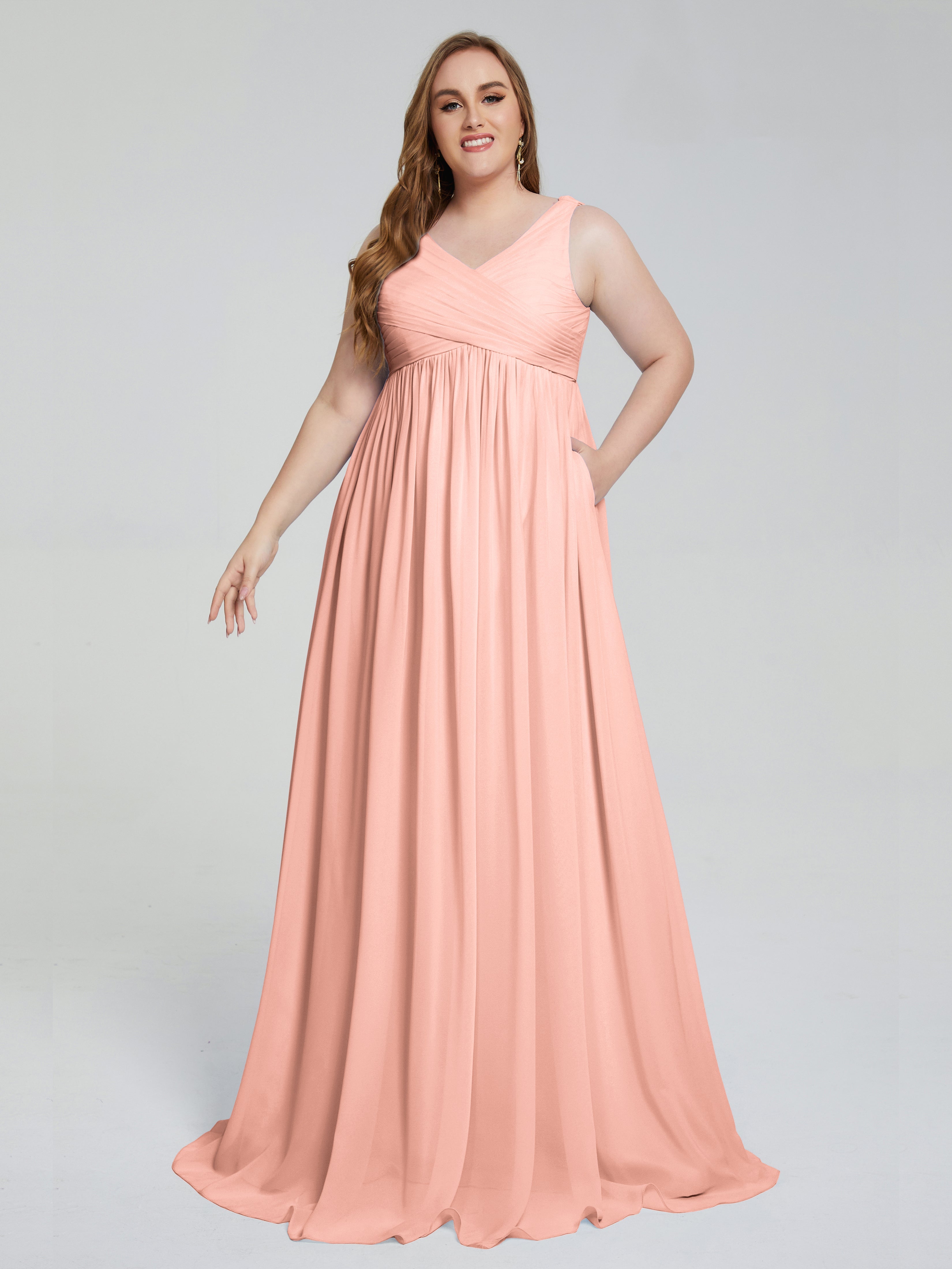 Demoiselle D Honneur Corail Bretelles Col V Mousseline Robes Demoiselle D'Honneur Grande Taille