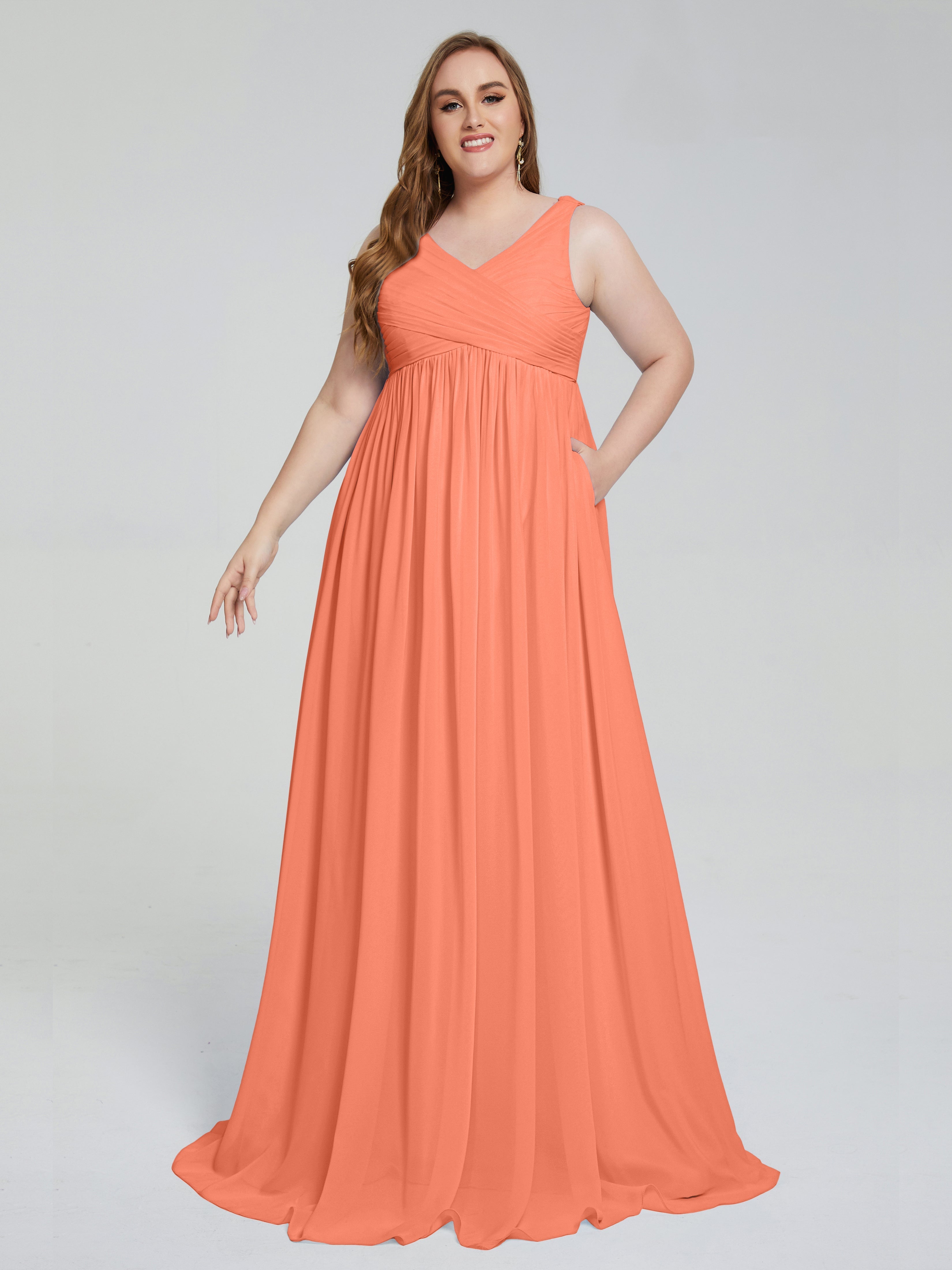 Robes De Demoiselle D'Honneur Coucher De Soleil Bretelles Col V Mousseline Robes Demoiselle D'Honneur Grande Taille