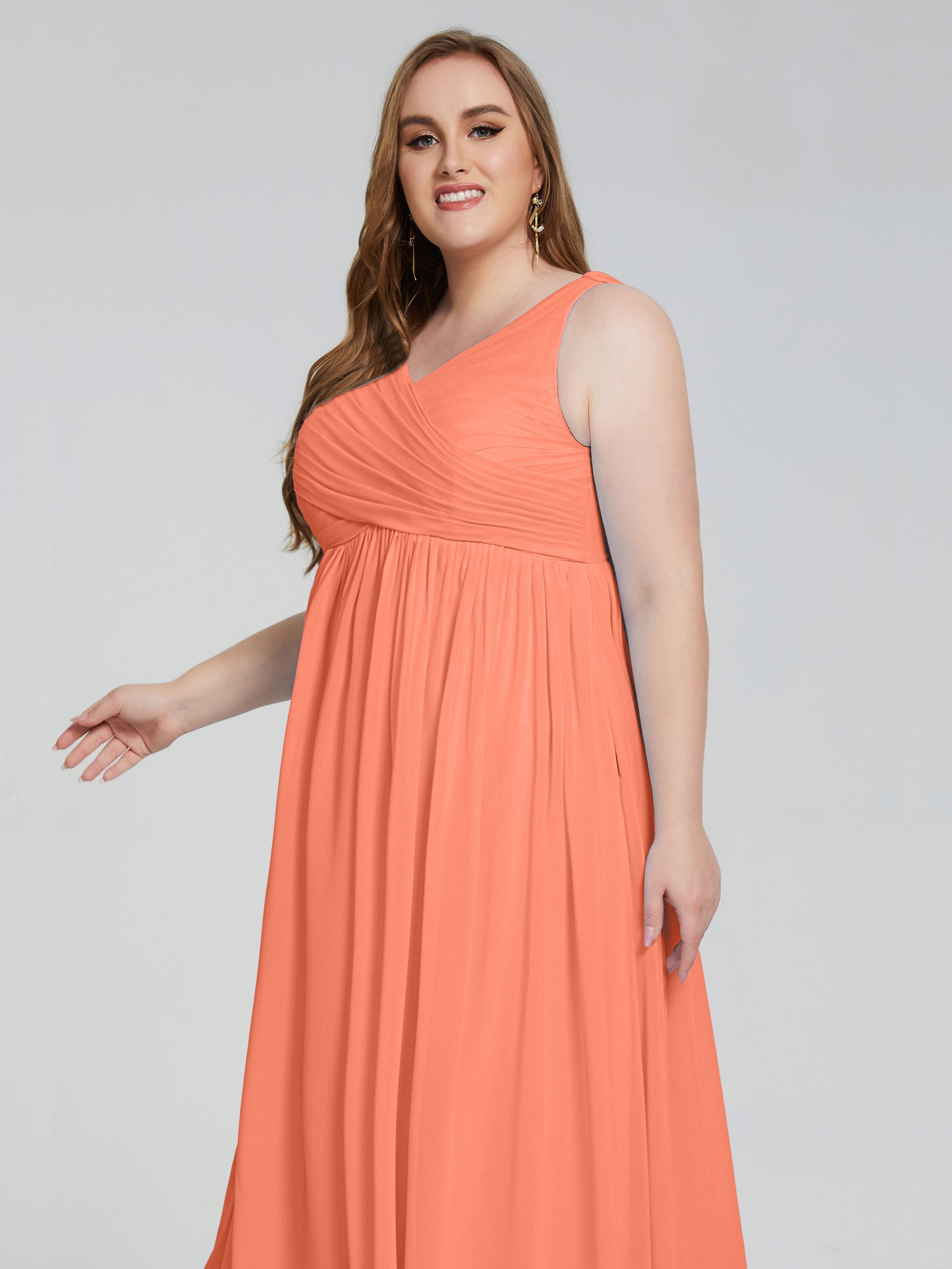 Robes De Demoiselle D'Honneur Coucher De Soleil Bretelles Col V Mousseline Robes Demoiselle D'Honneur Grande Taille