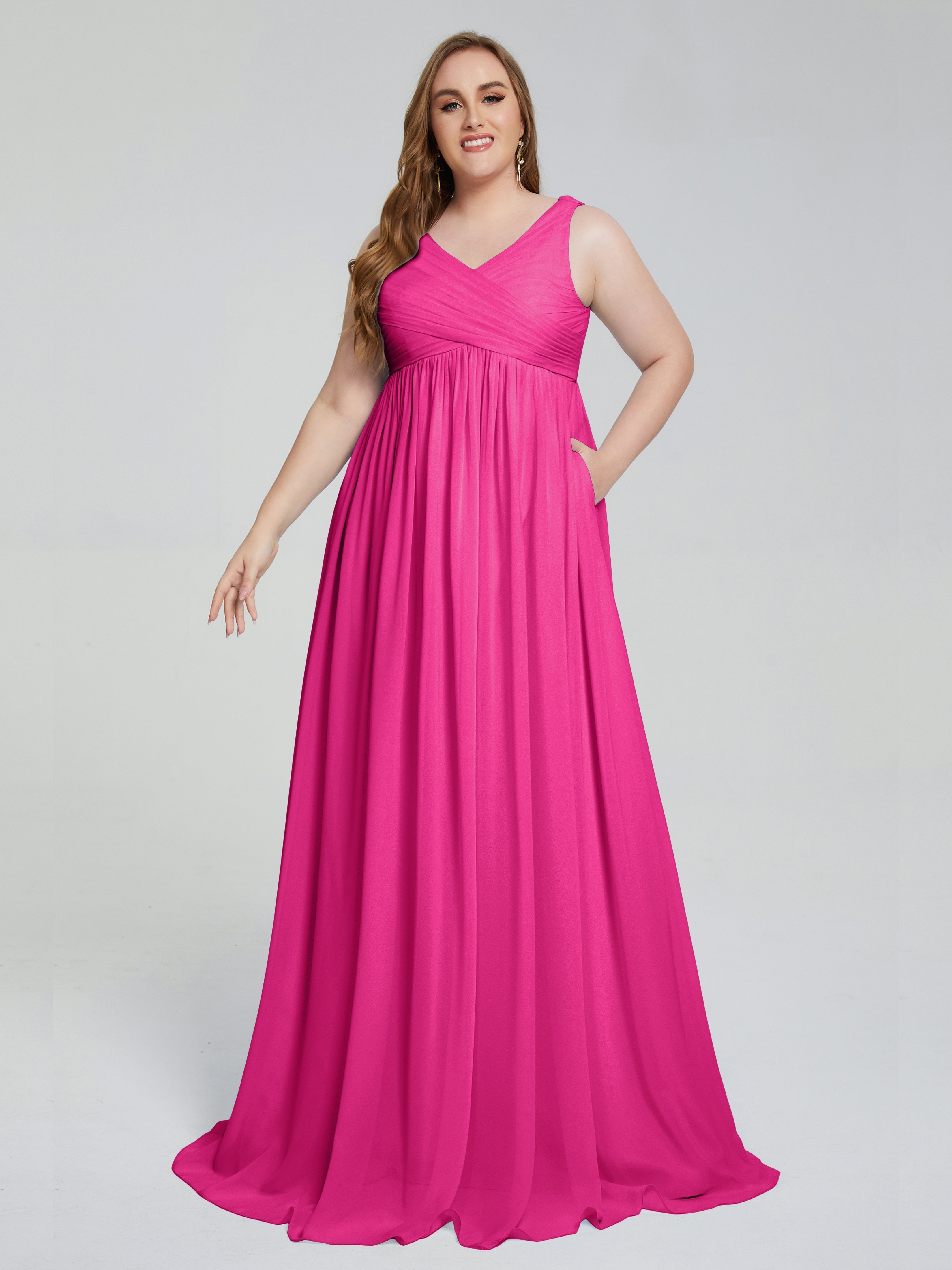 Robe De Demoiselle D Honneur Fuchsia Bretelles Col V Mousseline Robes Demoiselle D'Honneur Grande Taille