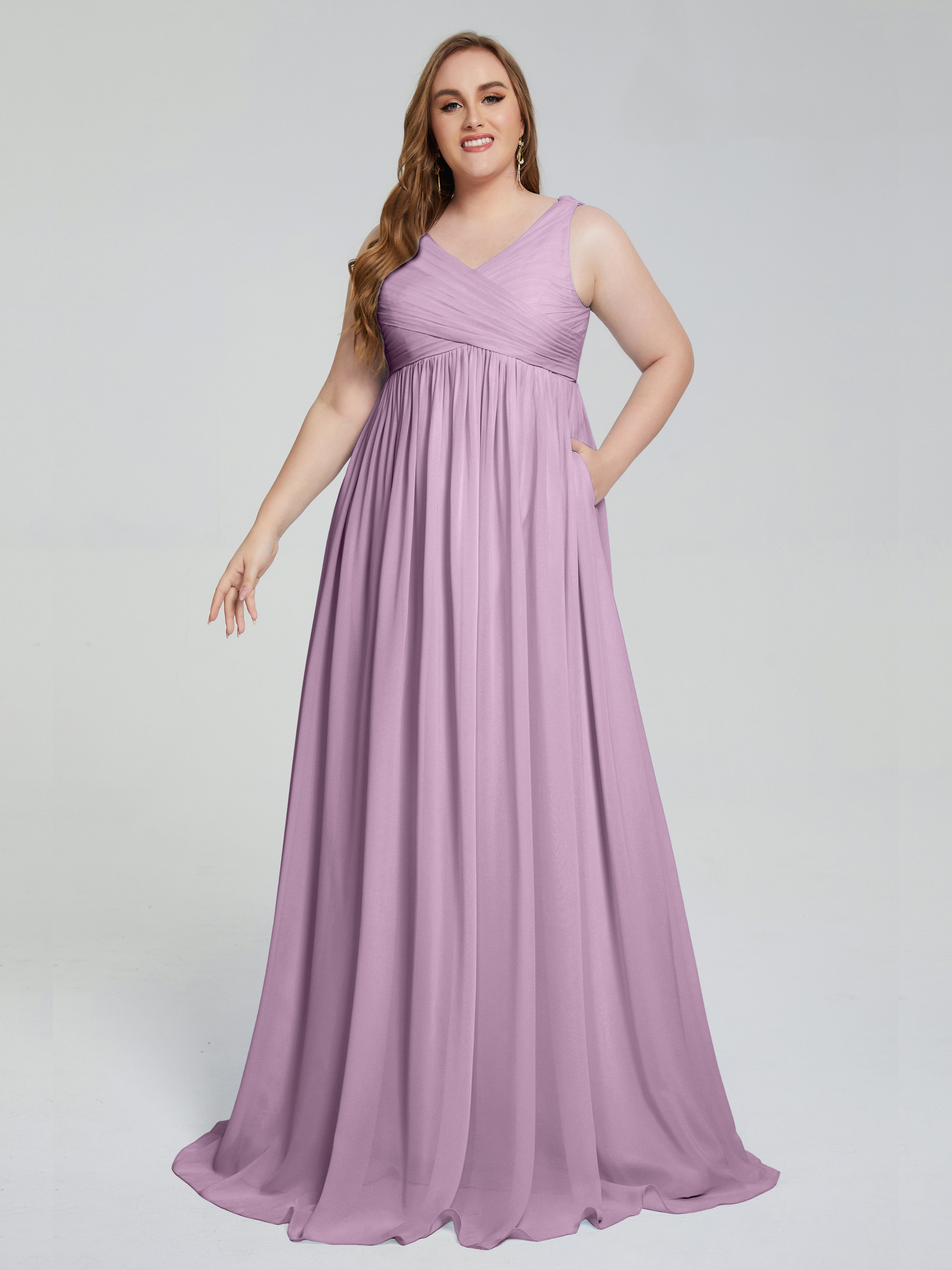 Robes De Demoiselle D'Honneur Glycine Bretelles Col V Mousseline Robes Demoiselle D'Honneur Grande Taille