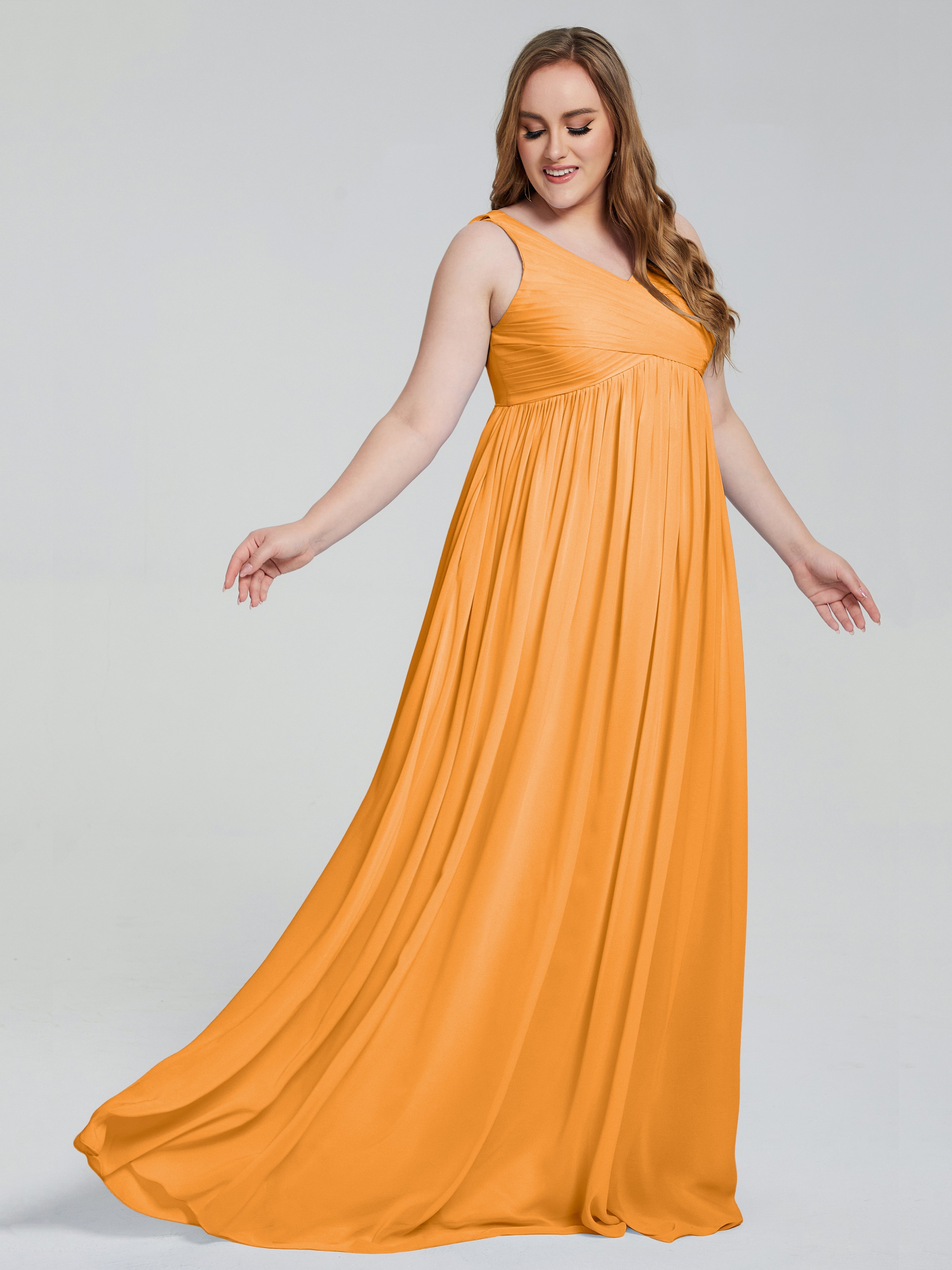 Robes De Demoiselle D'Honneur Mandarine Bretelles Col V Mousseline Robes Demoiselle D'Honneur Grande Taille