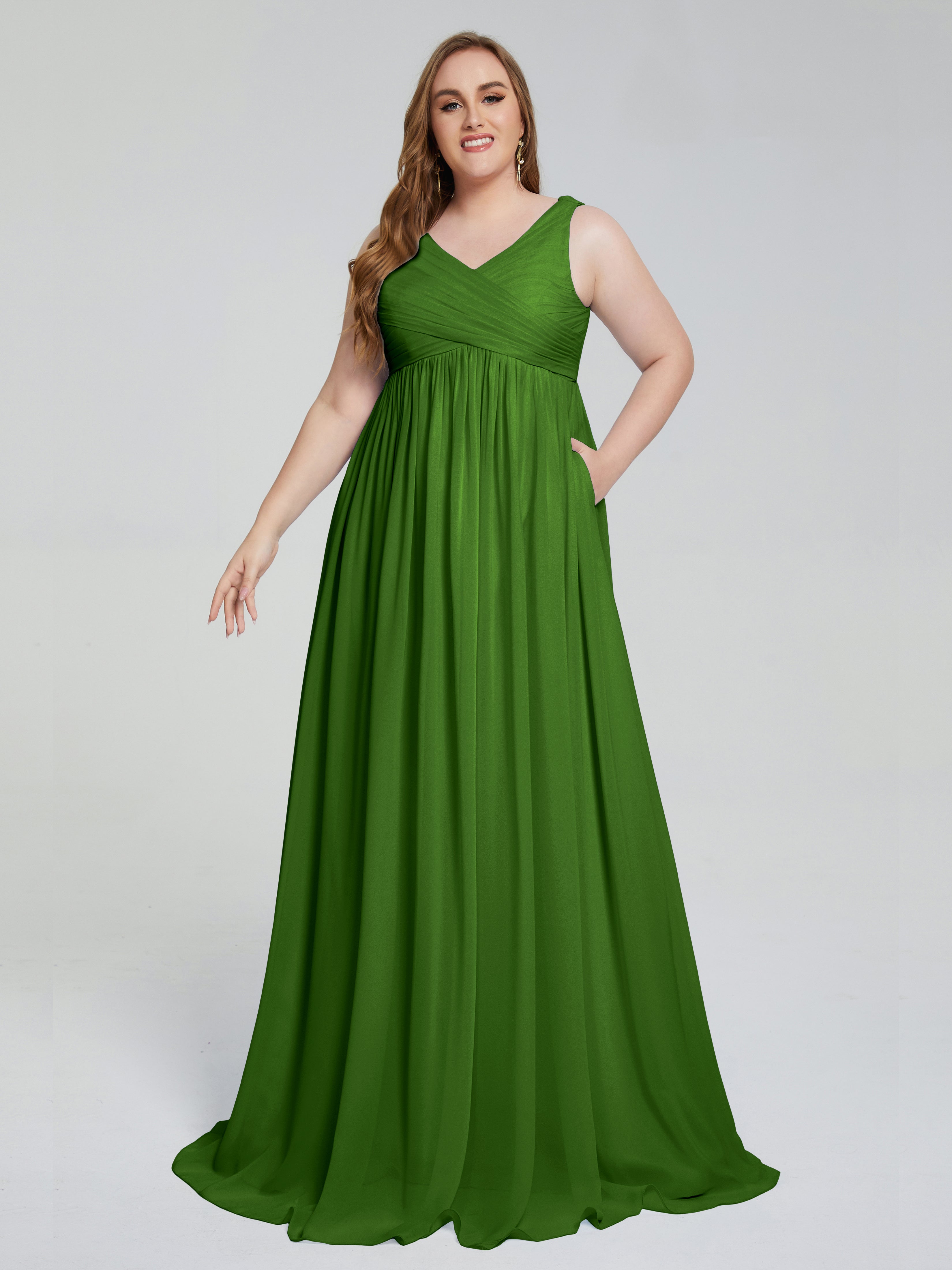 Robes De Demoiselle D'Honneur Vert Mousse Bretelles Col V Mousseline Robes Demoiselle D'Honneur Grande Taille