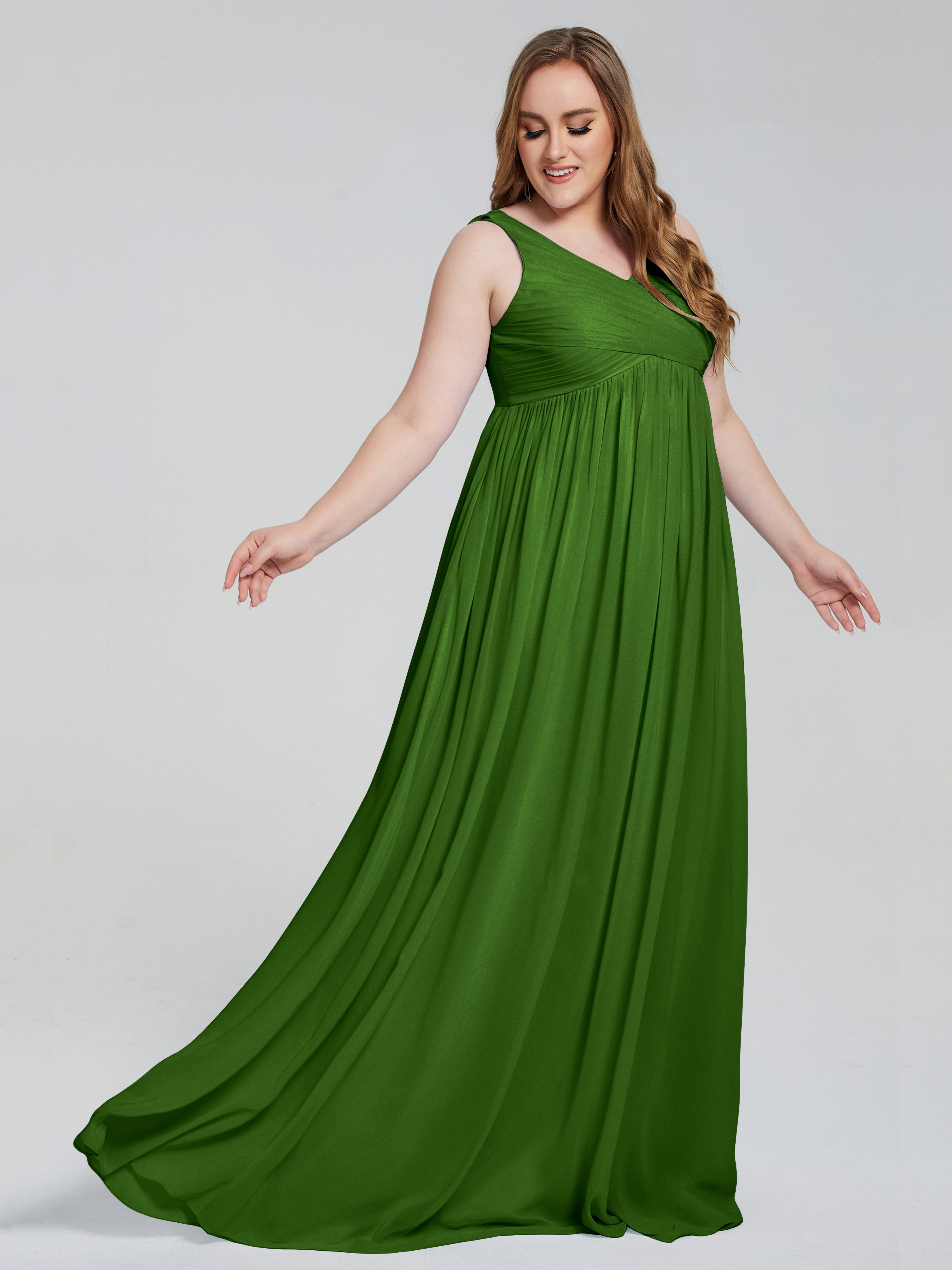 Robes De Demoiselle D'Honneur Vert Mousse Bretelles Col V Mousseline Robes Demoiselle D'Honneur Grande Taille