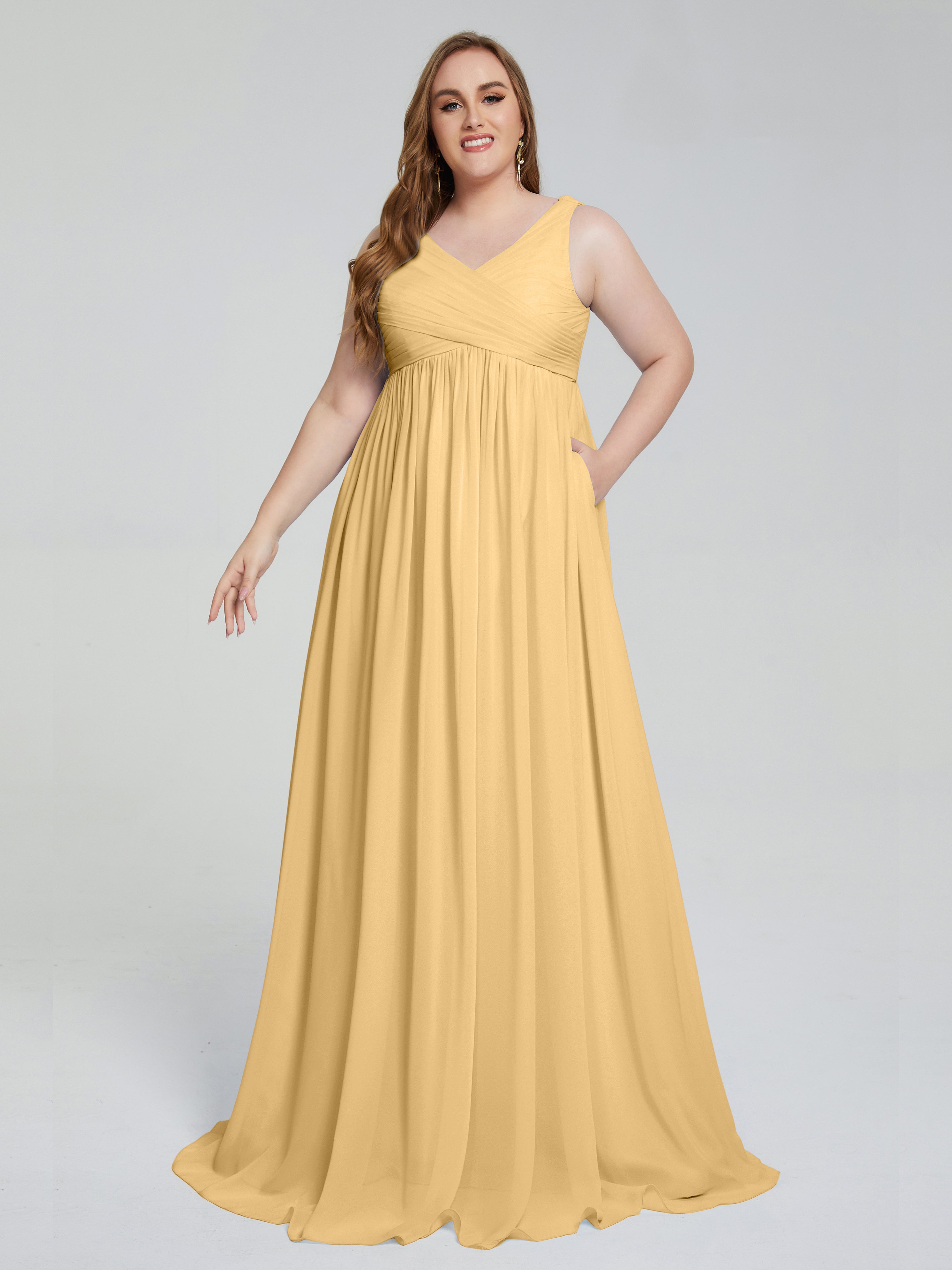 Robe Demoiselle D Honneur Doré Bretelles Col V Mousseline Robes Demoiselle D'Honneur Grande Taille