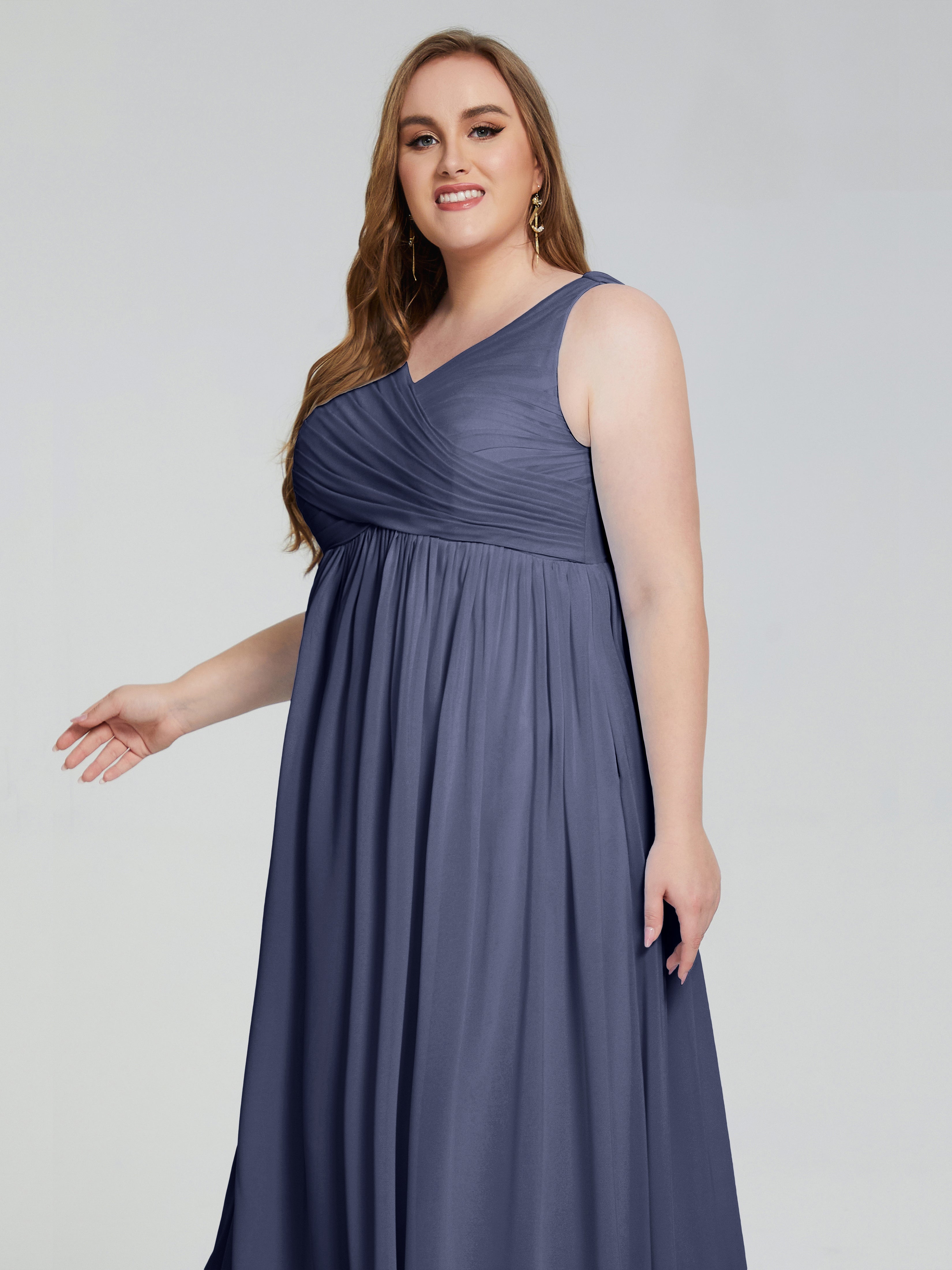 Robes De Demoiselle D'Honneur Bleu Orageux Bretelles Col V Mousseline Robes Demoiselle D'Honneur Grande Taille