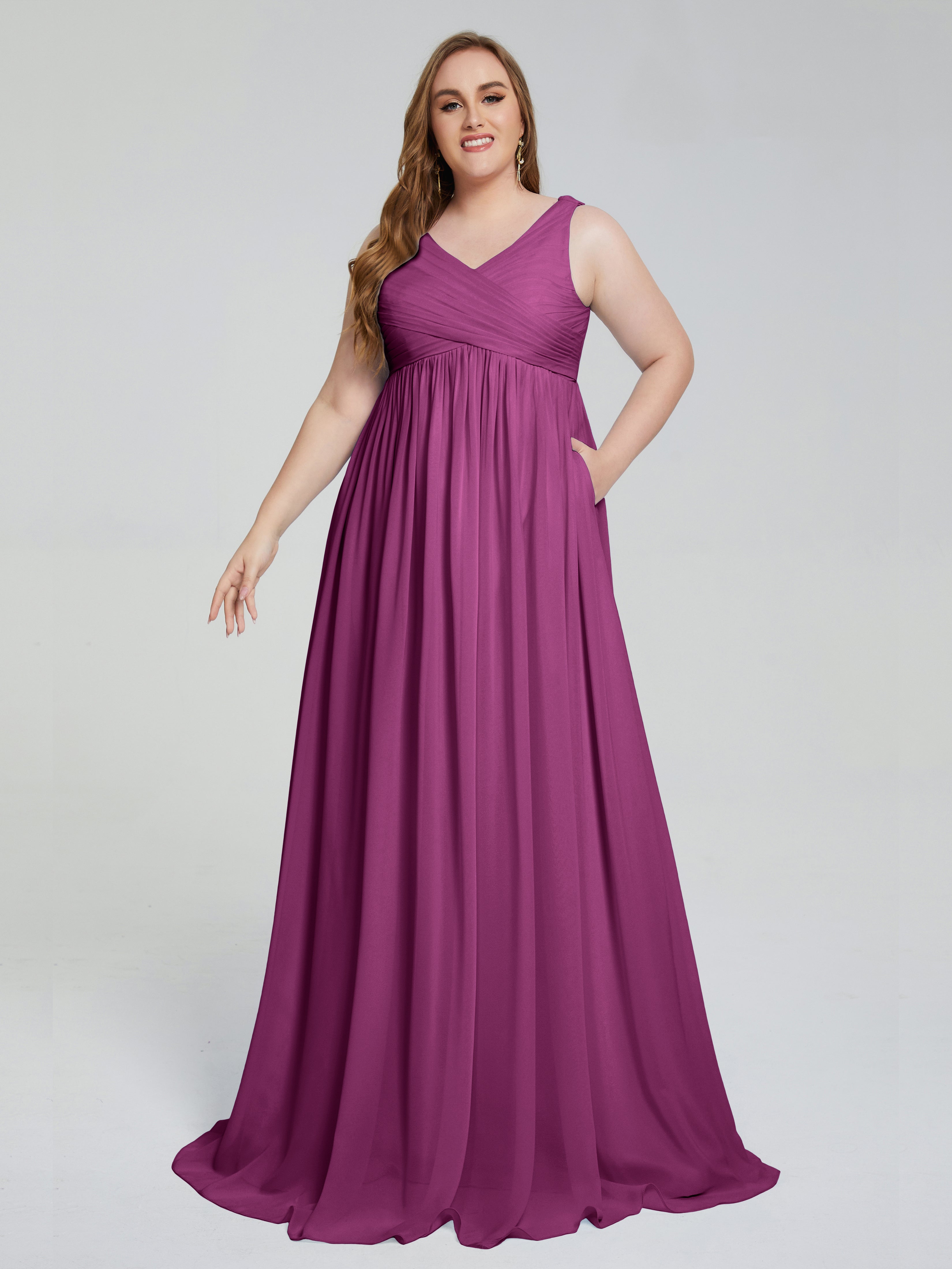 Robes De Demoiselle D'Honneur Orchidée Bretelles Col V Mousseline Robes Demoiselle D'Honneur Grande Taille