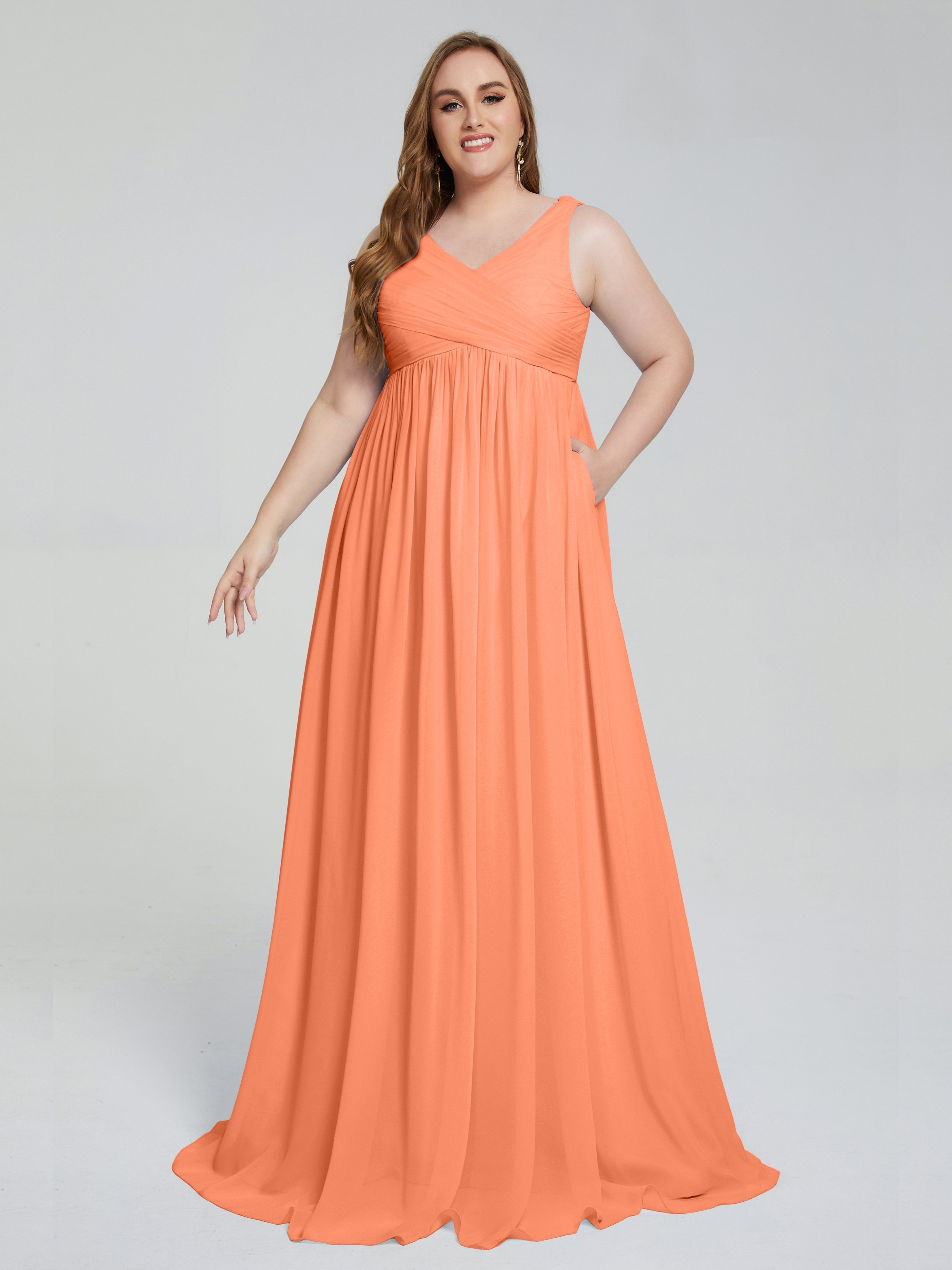 Robes De Demoiselle D'Honneur Papaye Bretelles Col V Mousseline Robes Demoiselle D'Honneur Grande Taille