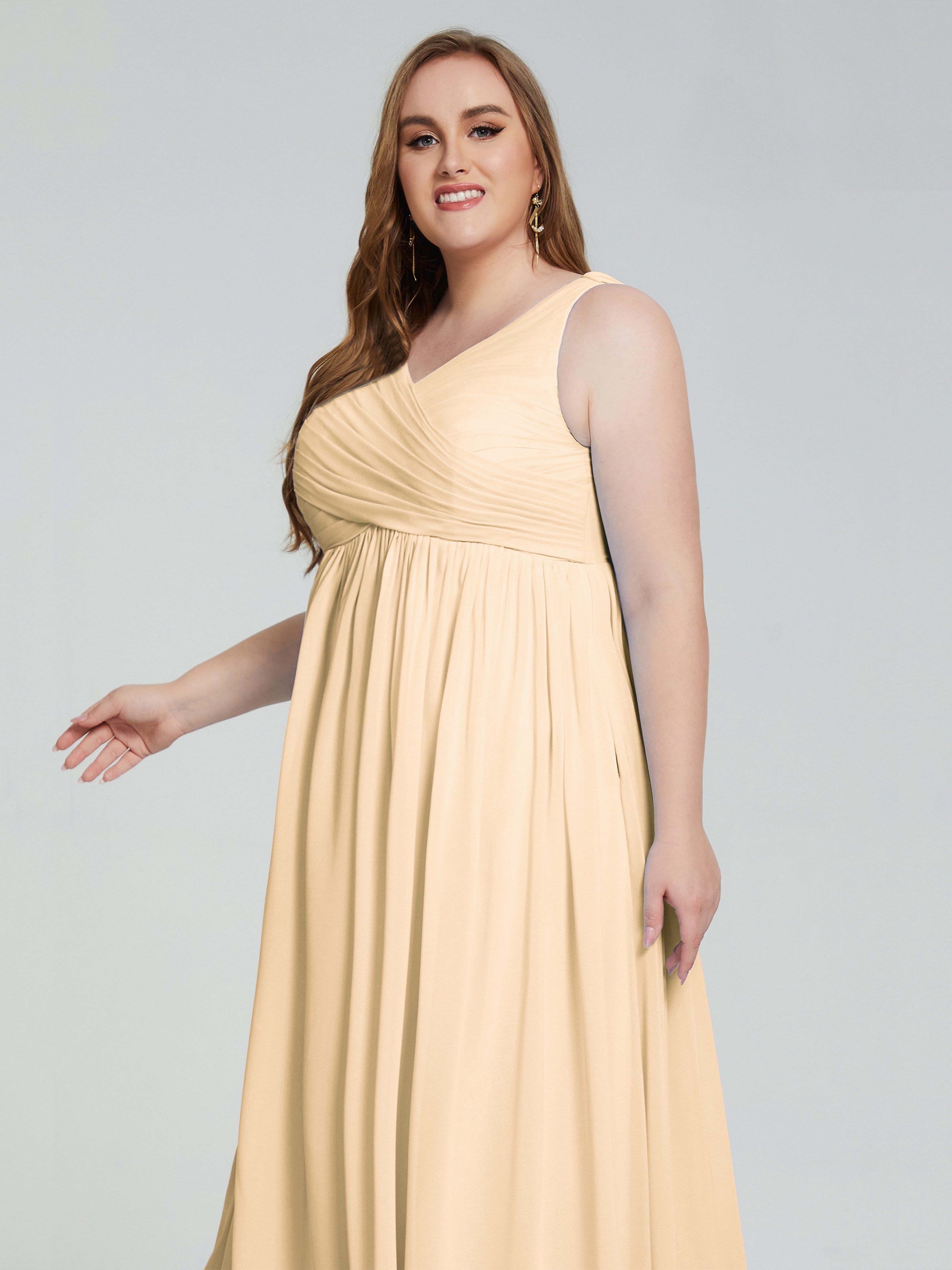 Robe De Demoiselle D Honneur Peche Bretelles Col V Mousseline Robes Demoiselle D'Honneur Grande Taille