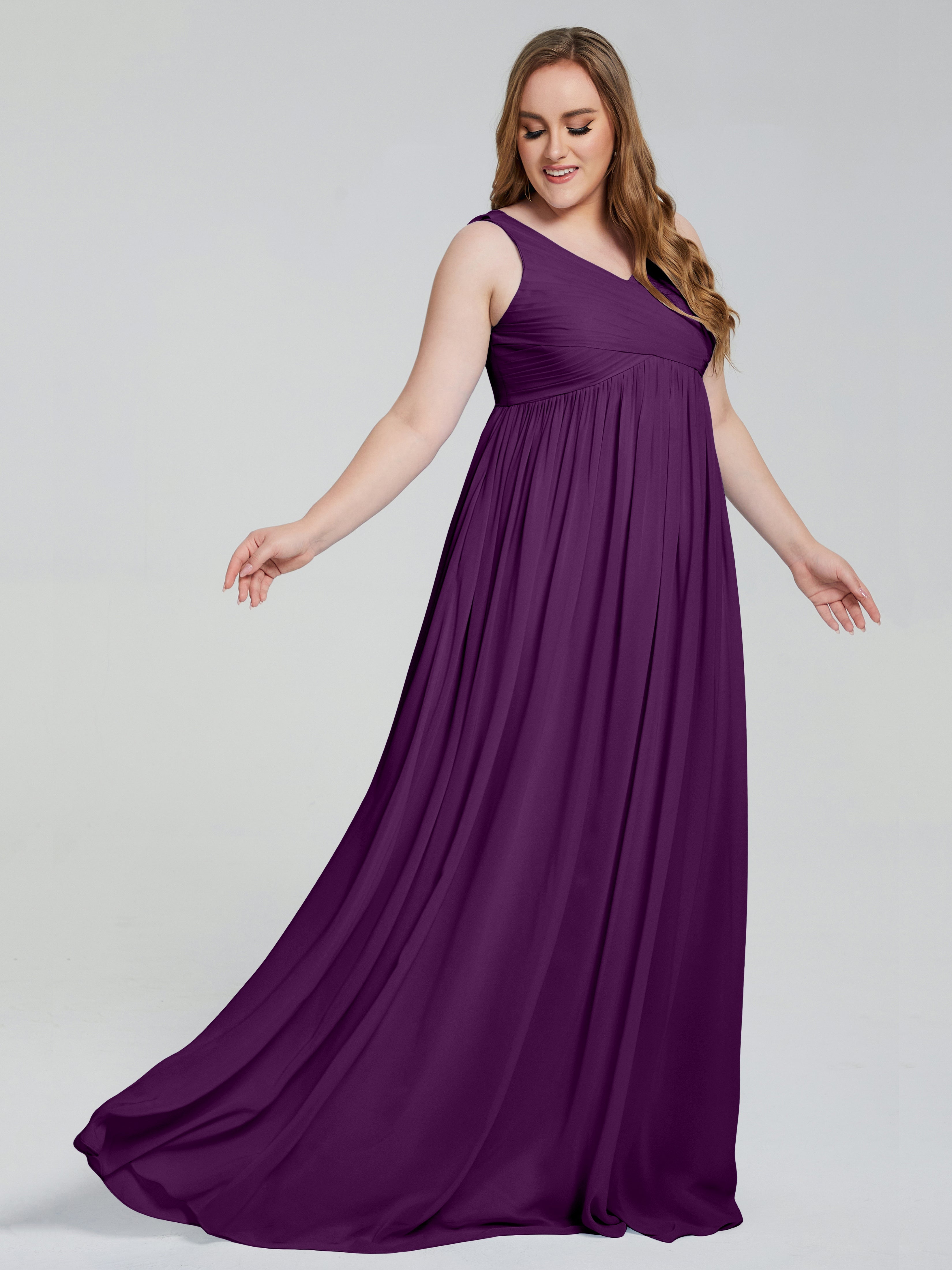 Robes De Demoiselle D'Honneur En Raisin Bretelles Col V Mousseline Robes Demoiselle D'Honneur Grande Taille