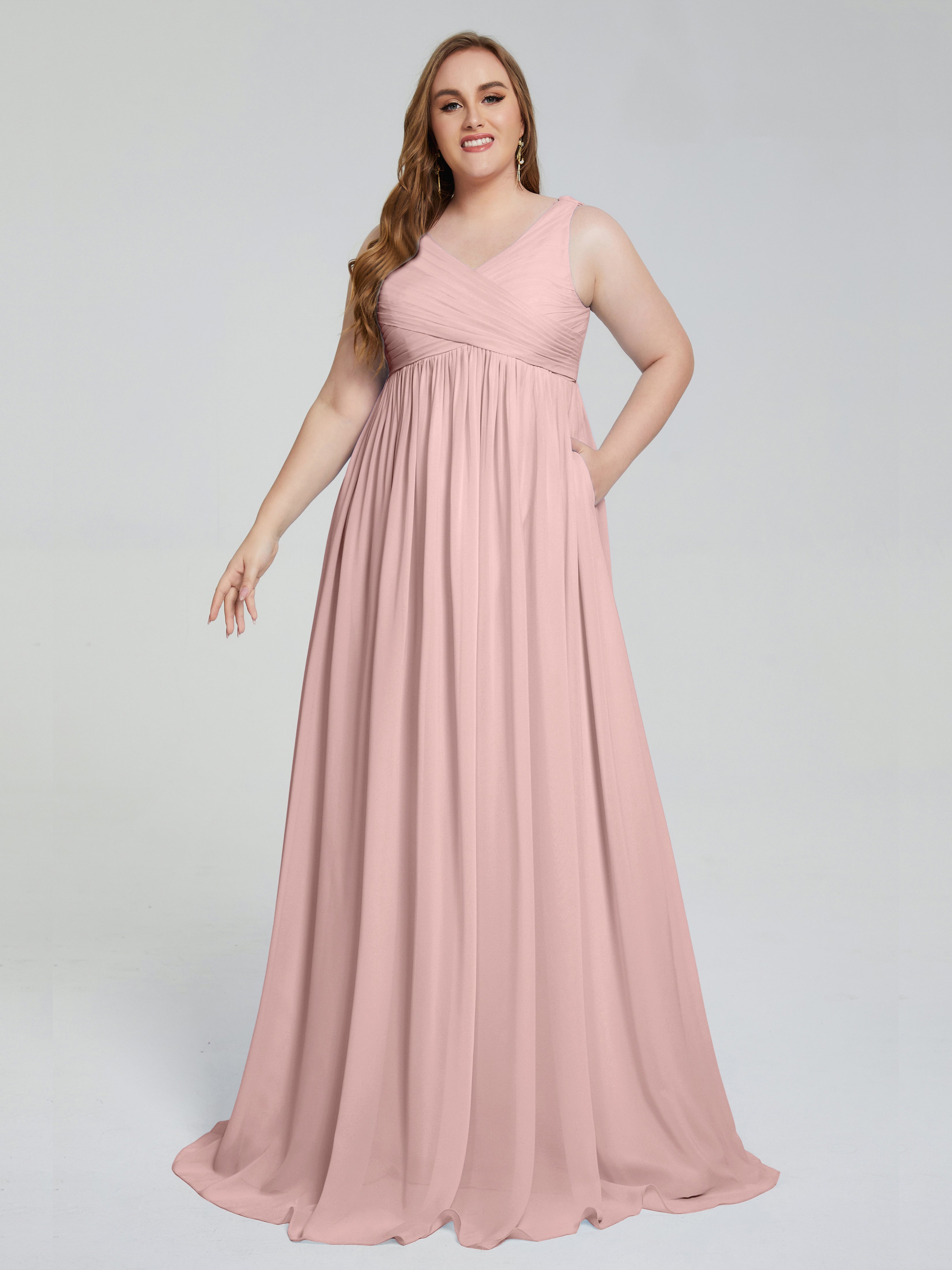 Robe Demoiselle D Honneur Rose Poudré Bretelles Col V Mousseline Robes Demoiselle D'Honneur Grande Taille