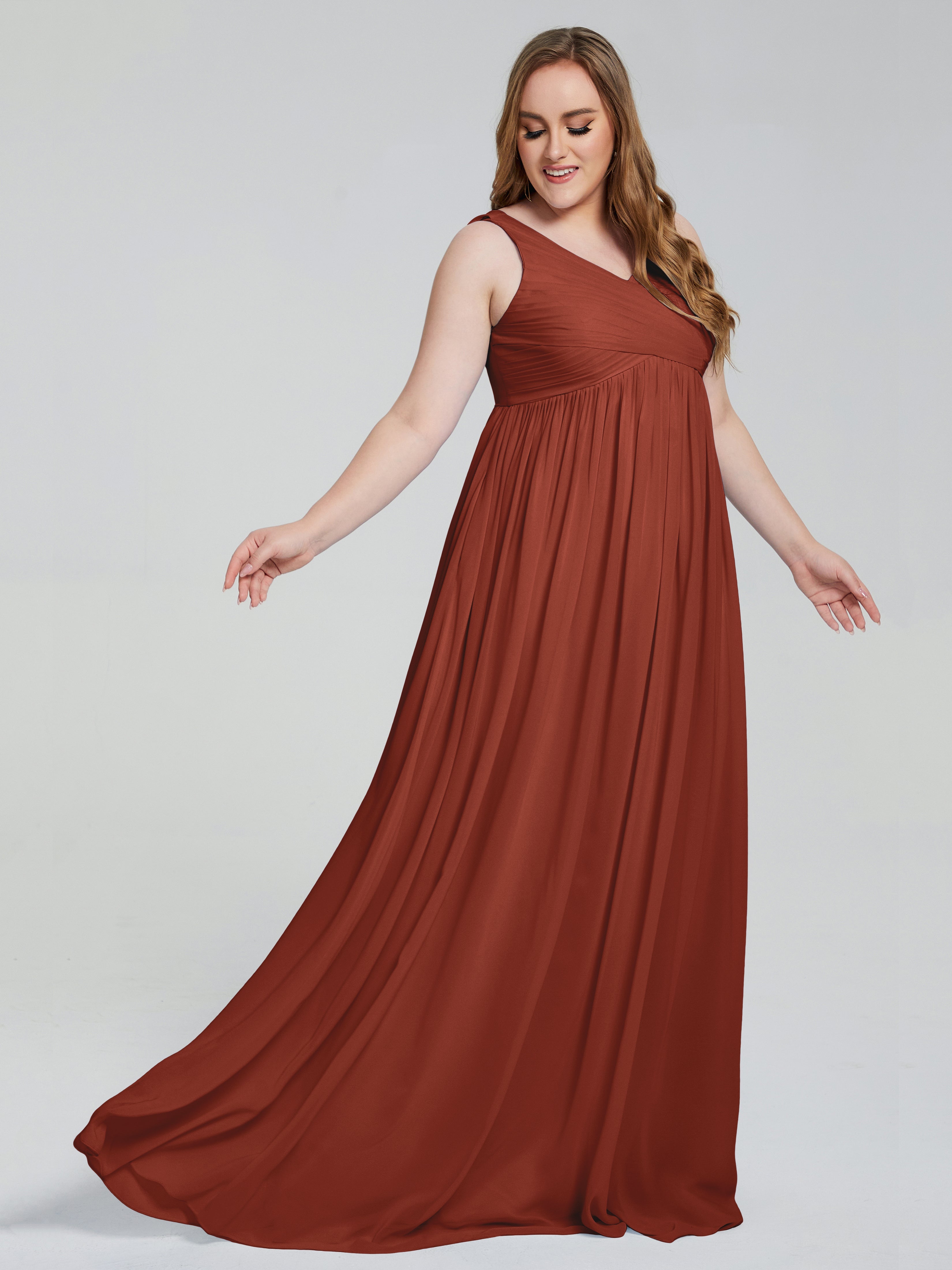 Robe De Demoiselle D'Honneur Rouille Bretelles Col V Mousseline Robes Demoiselle D'Honneur Grande Taille