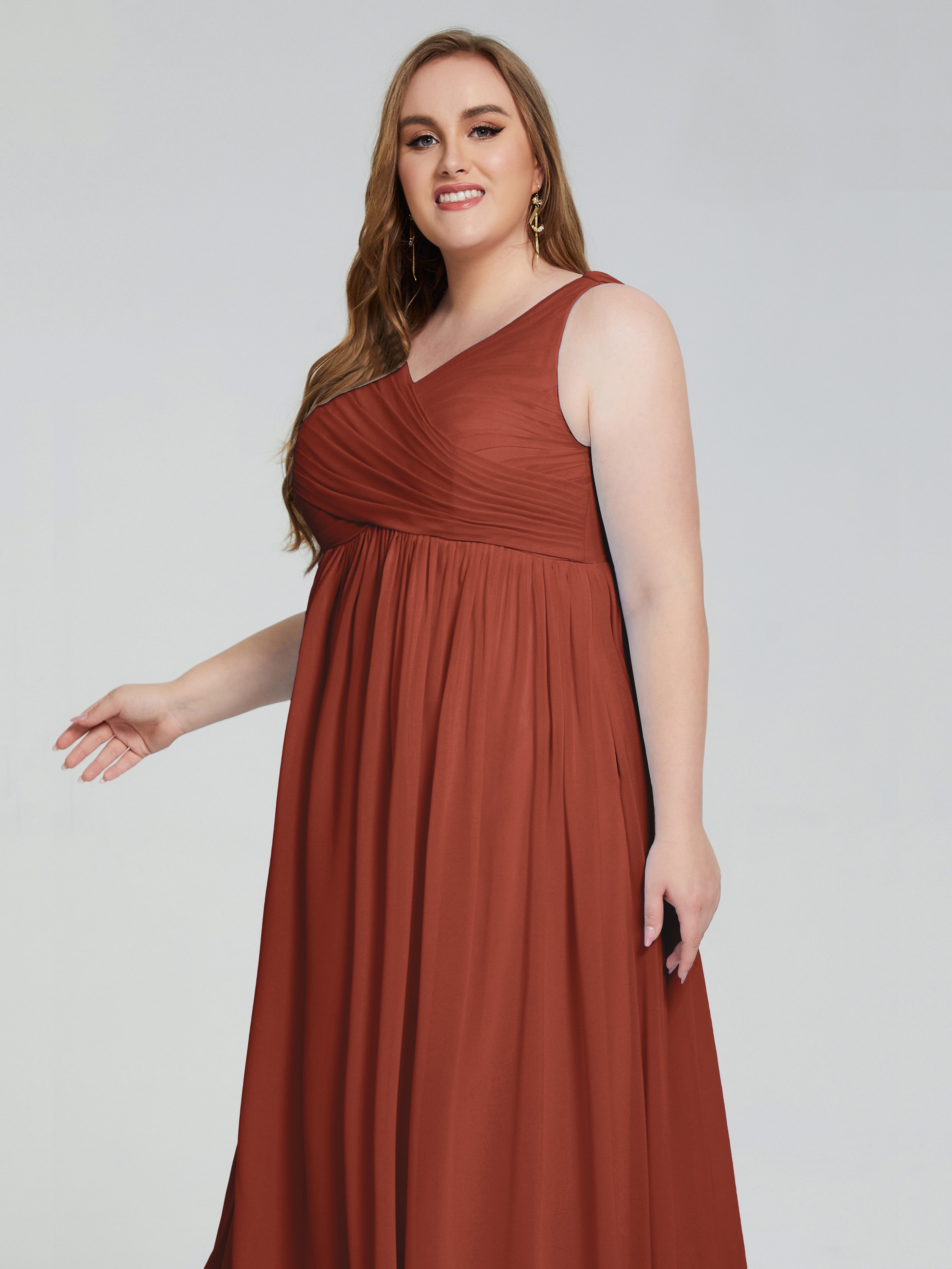 Robe De Demoiselle D'Honneur Rouille Bretelles Col V Mousseline Robes Demoiselle D'Honneur Grande Taille