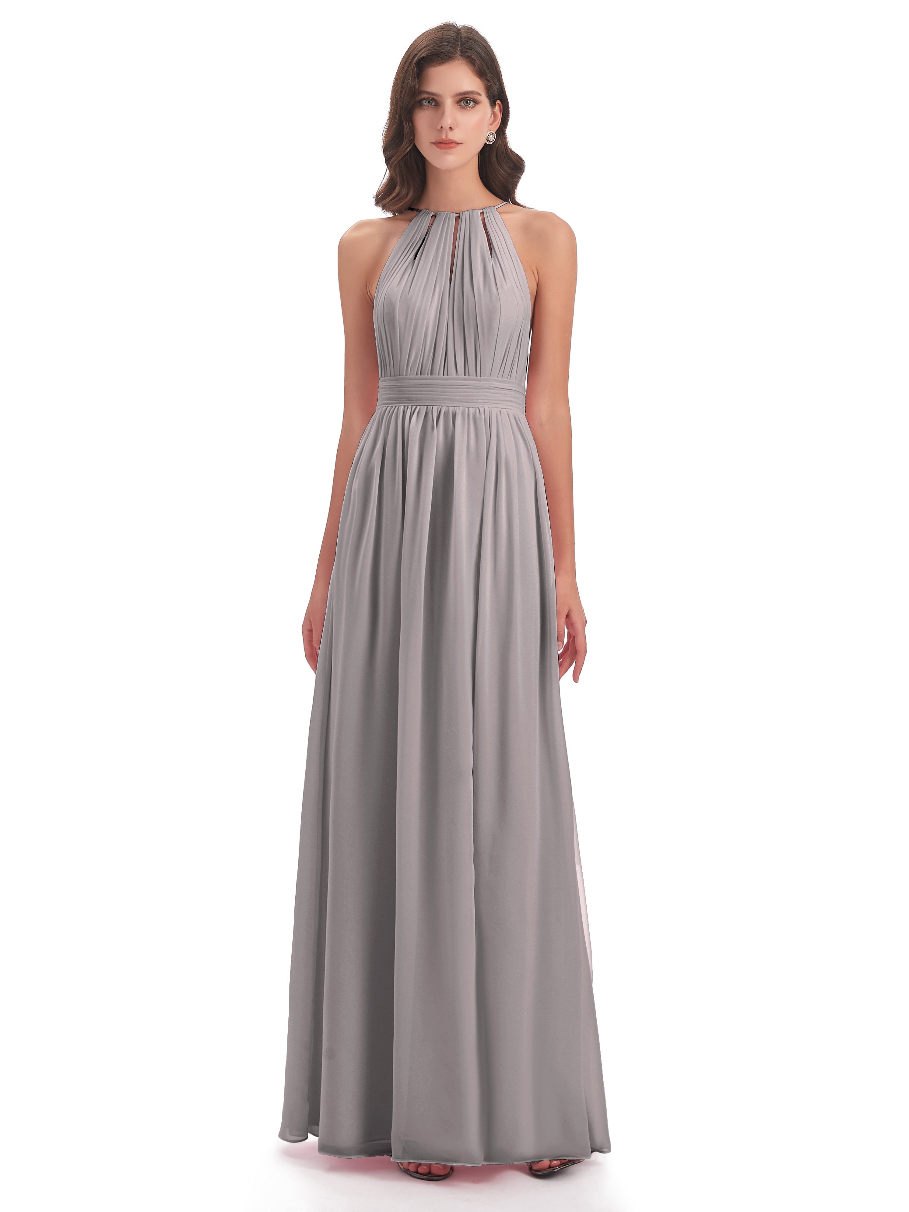 Robes De Demoiselle D'Honneur En Argent Fendue Devant Licou Mousseline Robes Demoiselle D'Honneur