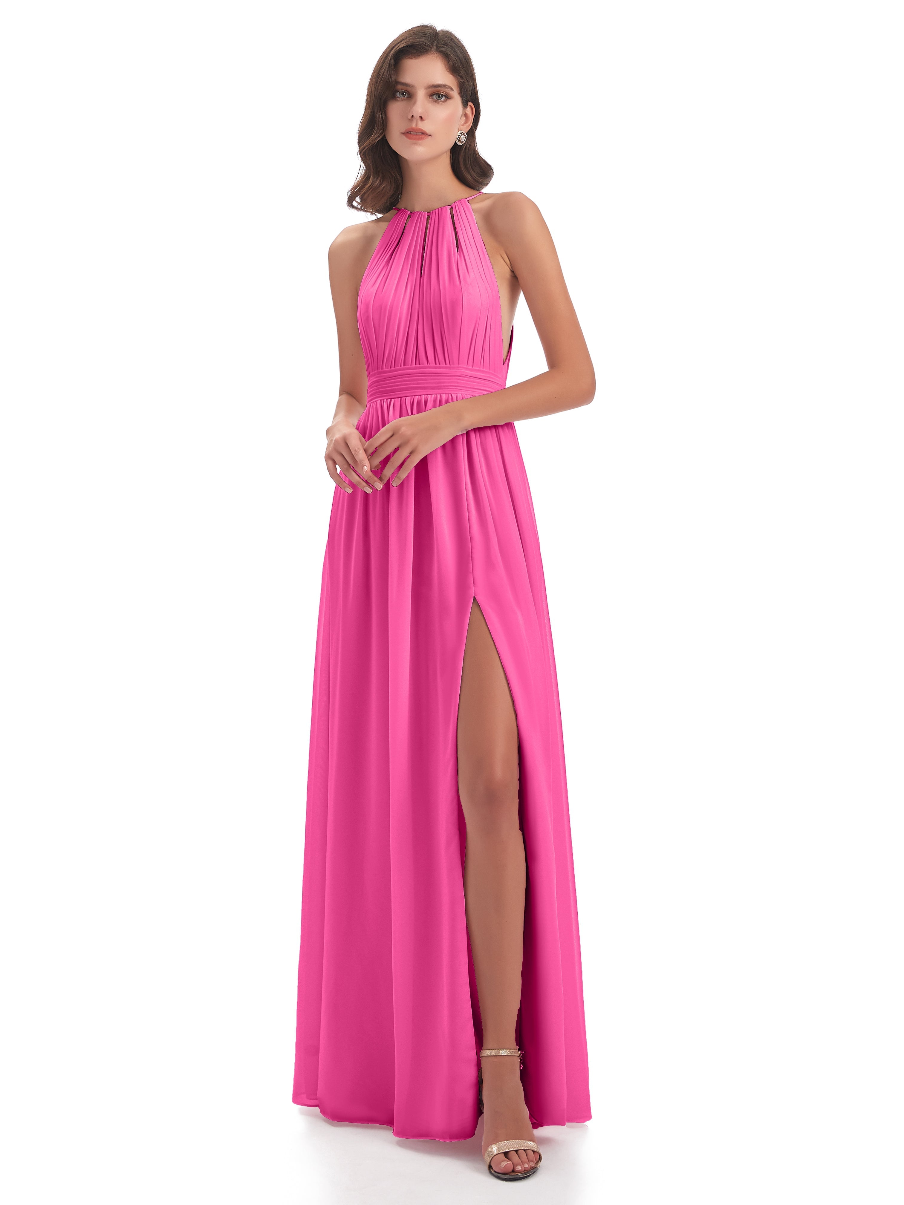 Robe Demoiselle D Honneur Azalée Fendue Devant Licou Mousseline Robes Demoiselle D'Honneur