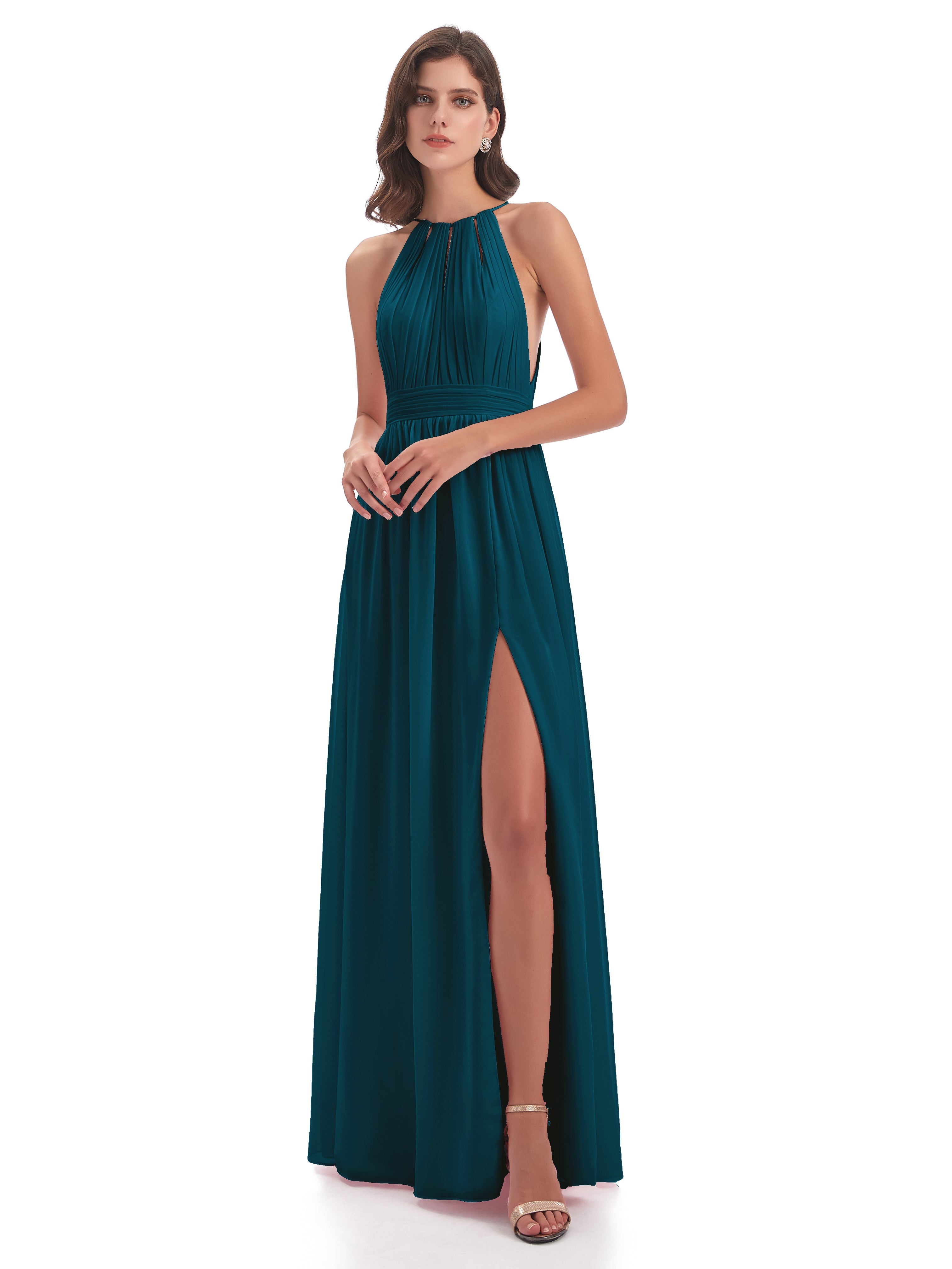 Robe De Demoiselle D'Honneur Bleu Encre Fendue Devant Licou Mousseline Robes Demoiselle D'Honneur