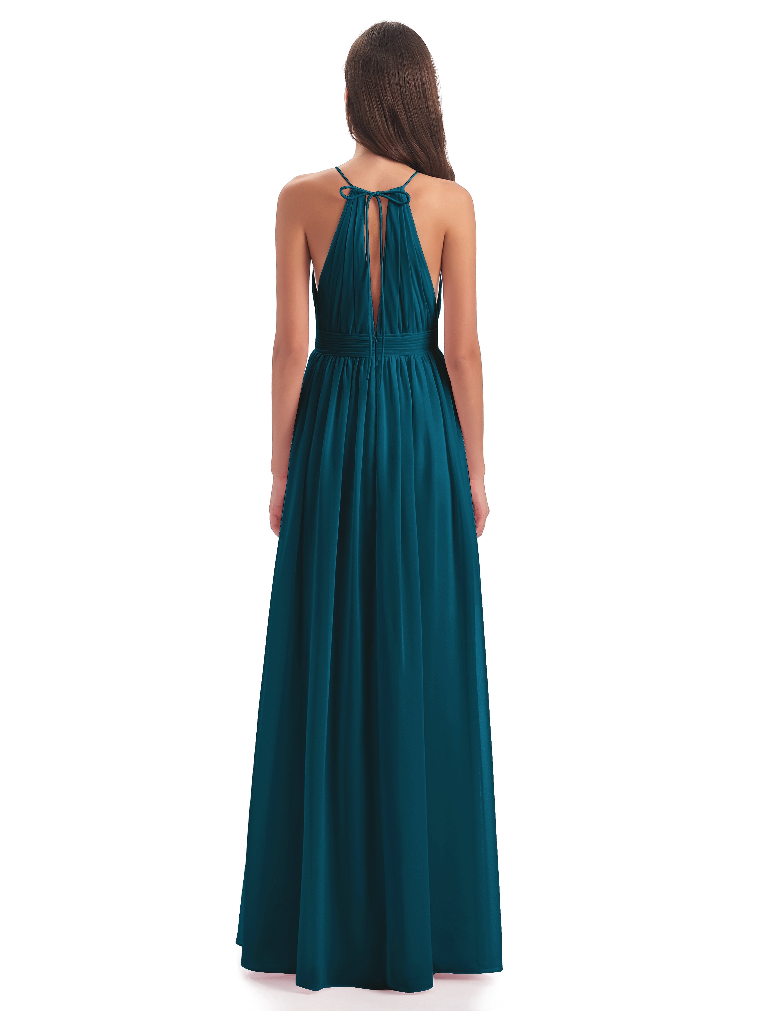 Robe De Demoiselle D'Honneur Bleu Encre Fendue Devant Licou Mousseline Robes Demoiselle D'Honneur