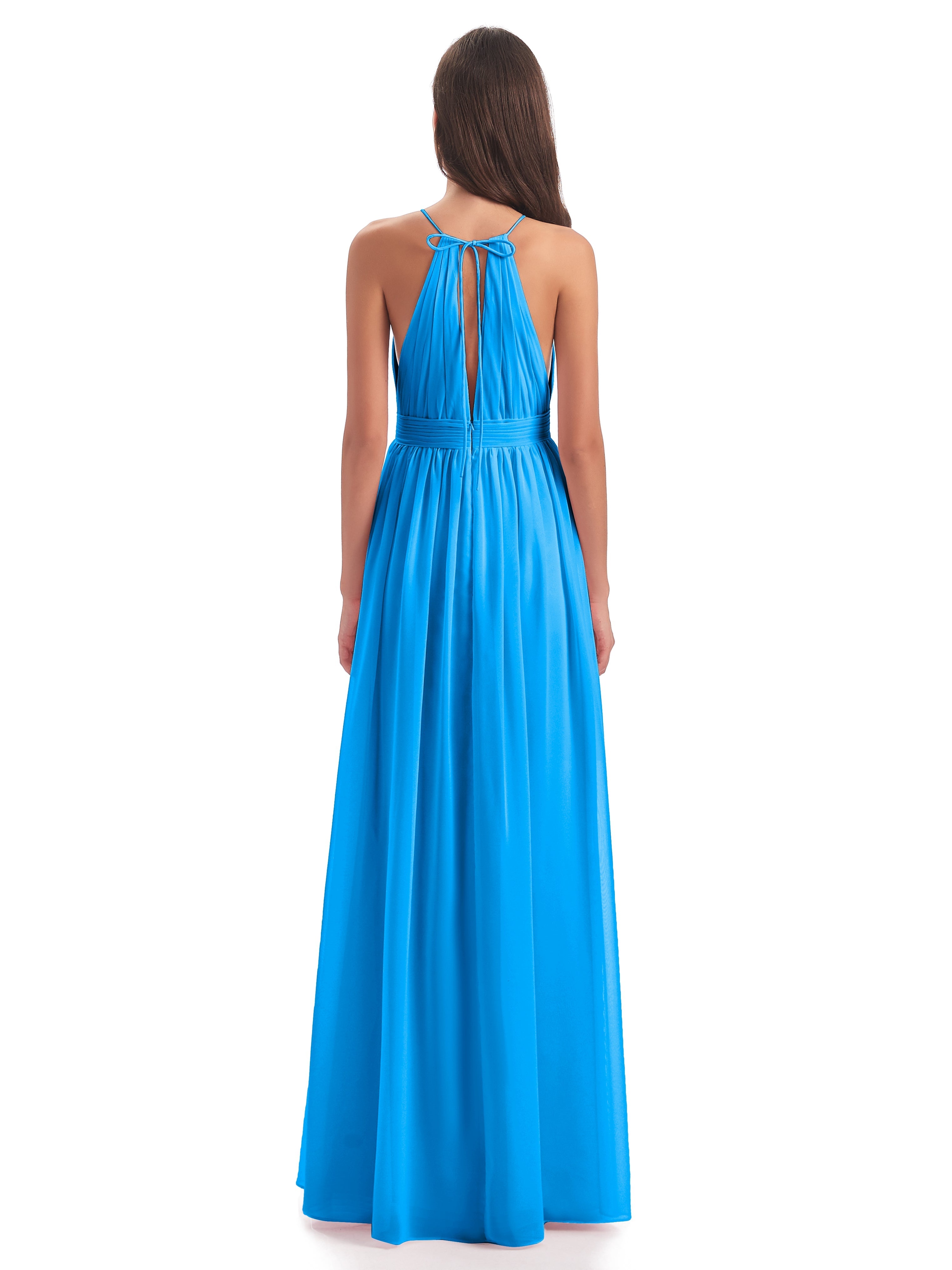 Robes De Demoiselle D'Honneur Bleu Océan Fendue Devant Licou Mousseline Robes Demoiselle D'Honneur