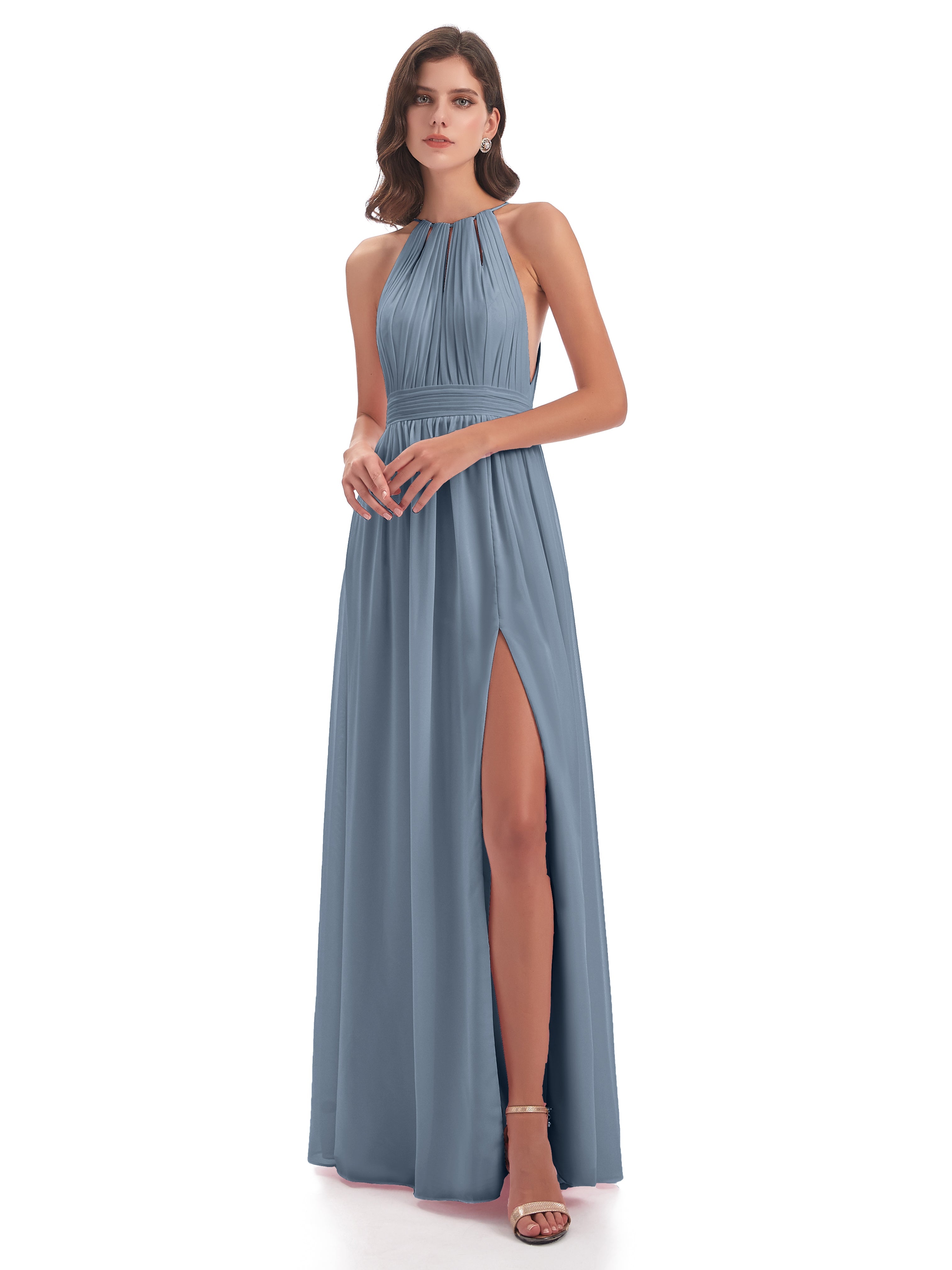 Robes De Demoiselle D'Honneur Bleu Poudre Fendue Devant Licou Mousseline Robes Demoiselle D'Honneur