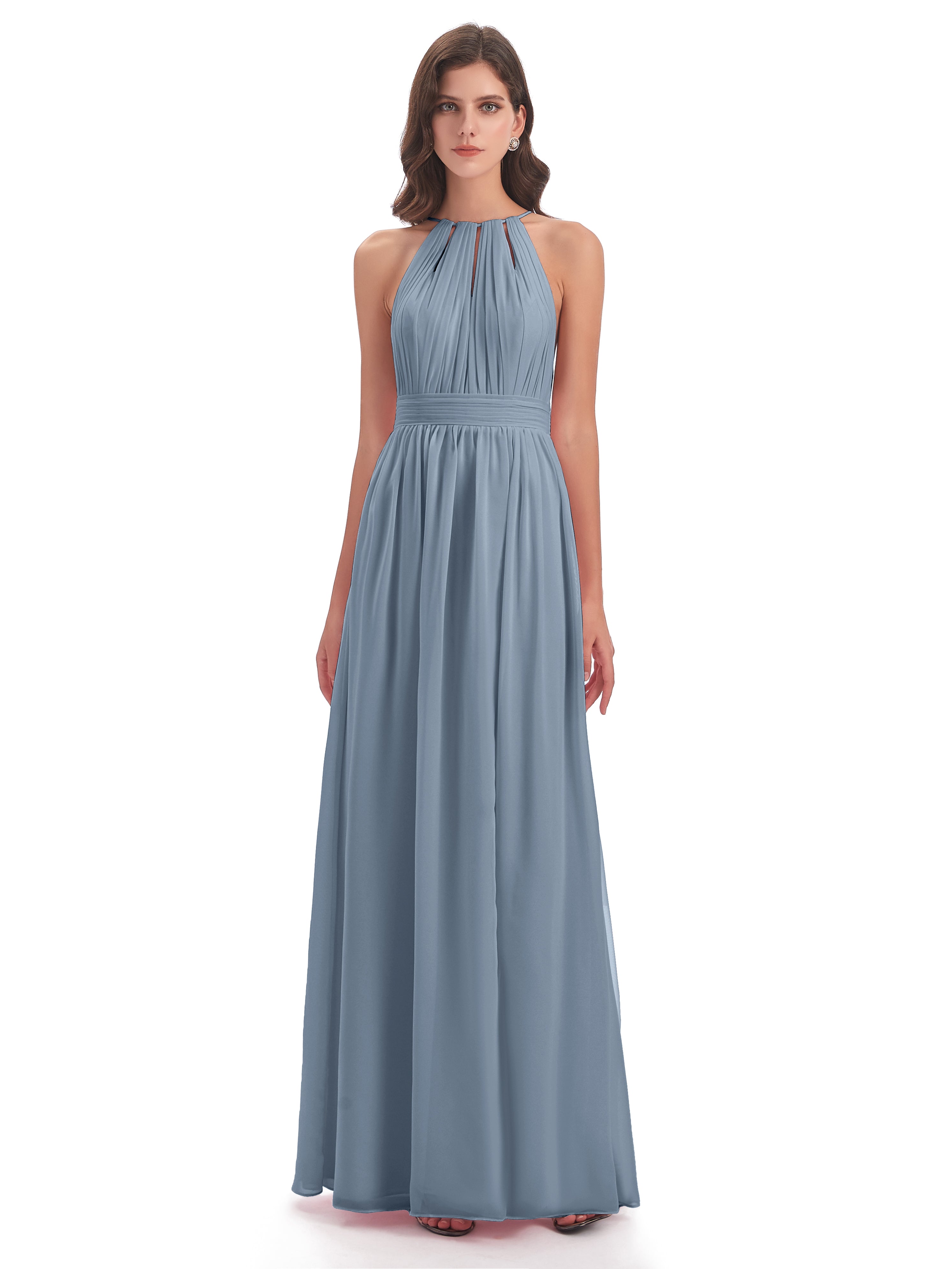 Robes De Demoiselle D'Honneur Bleu Poudre Fendue Devant Licou Mousseline Robes Demoiselle D'Honneur