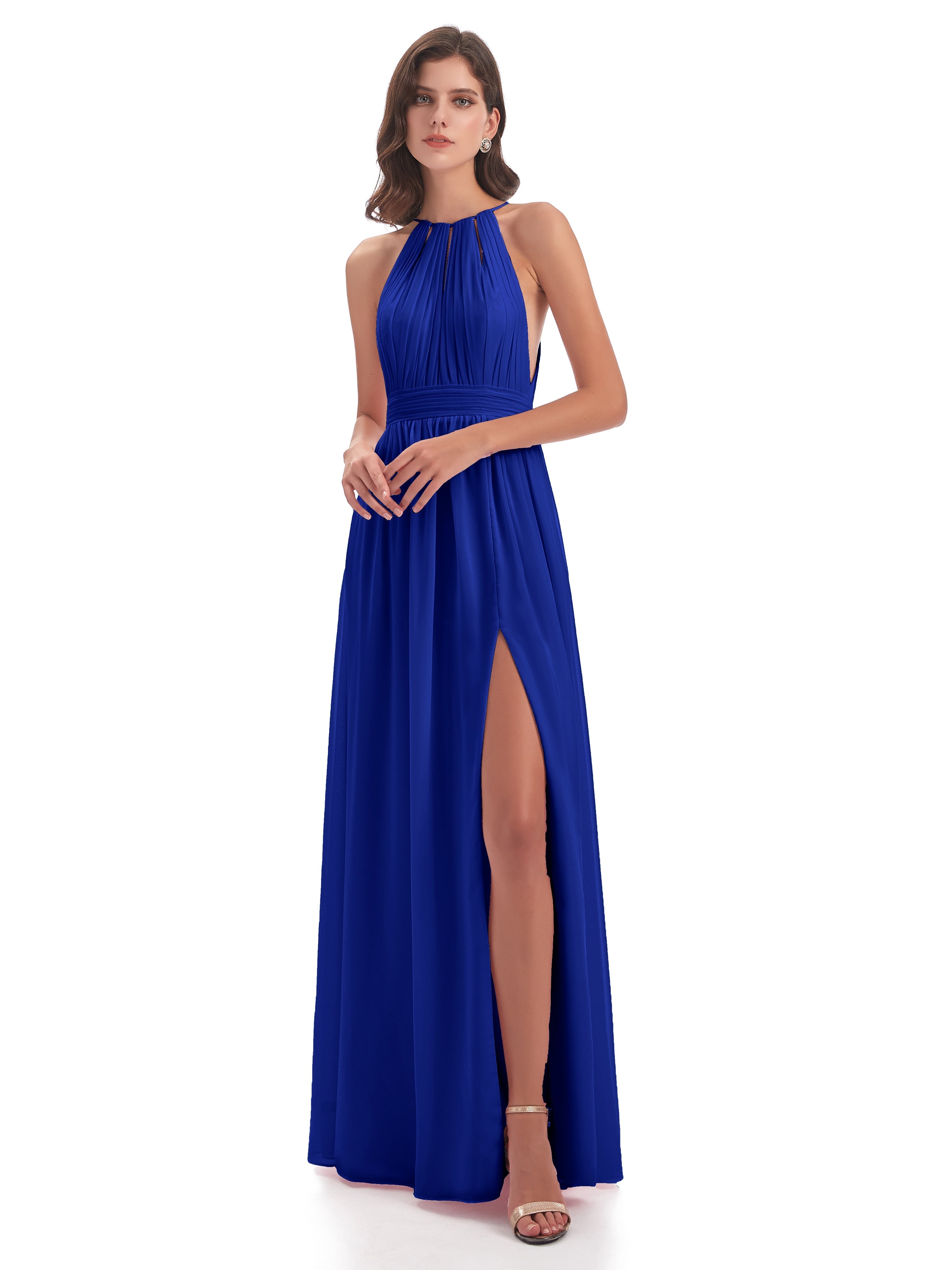 Demoiselle Dhonneur Robe Bleu Roi Fendue Devant Licou Mousseline Robes Demoiselle D'Honneur
