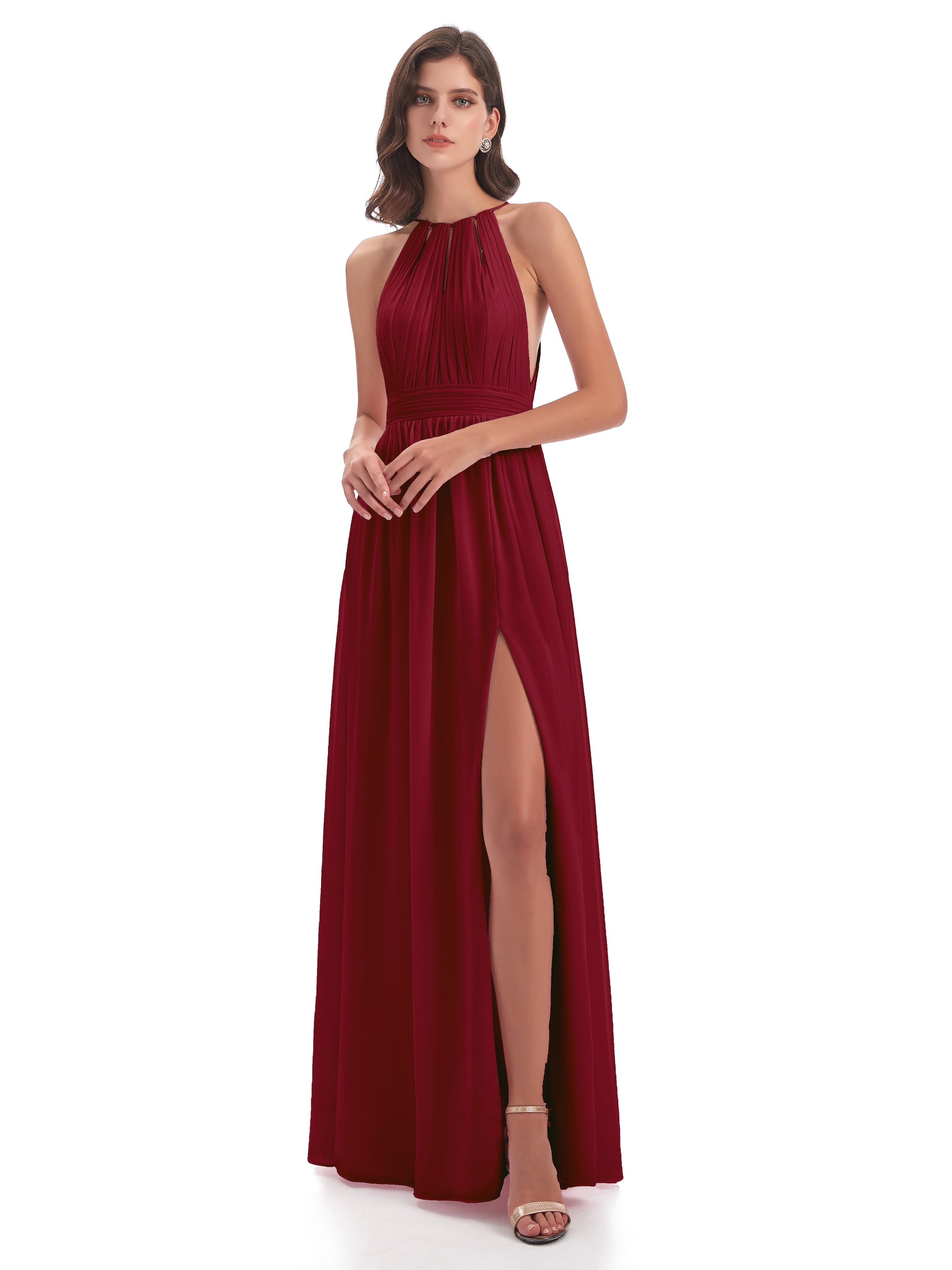 Long Robe Demoiselle D Honneur Bordeaux Fendue Devant Licou Mousseline Robes Demoiselle D'Honneur
