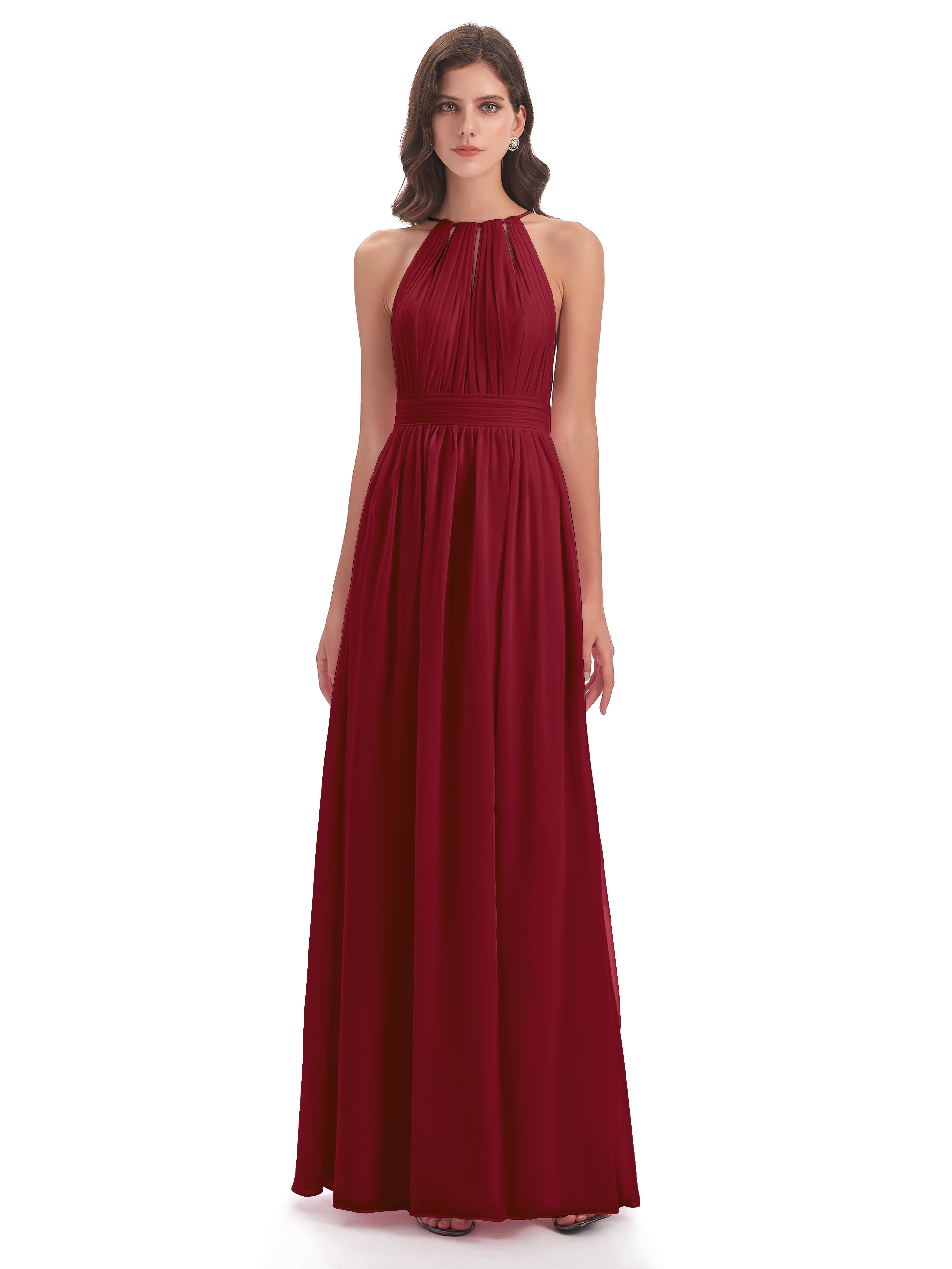 Long Robe Demoiselle D Honneur Bordeaux Fendue Devant Licou Mousseline Robes Demoiselle D'Honneur