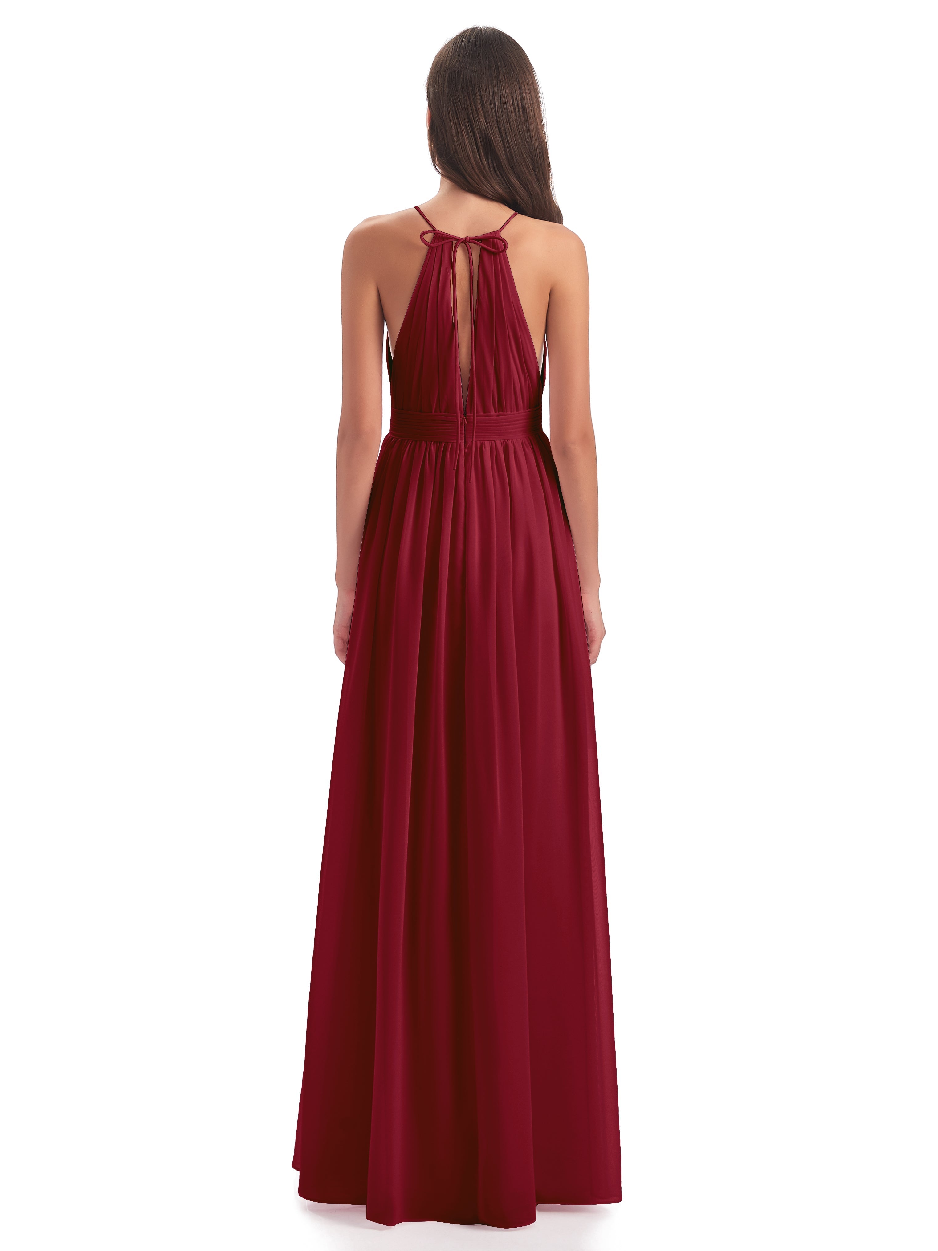 Long Robe Demoiselle D Honneur Bordeaux Fendue Devant Licou Mousseline Robes Demoiselle D'Honneur
