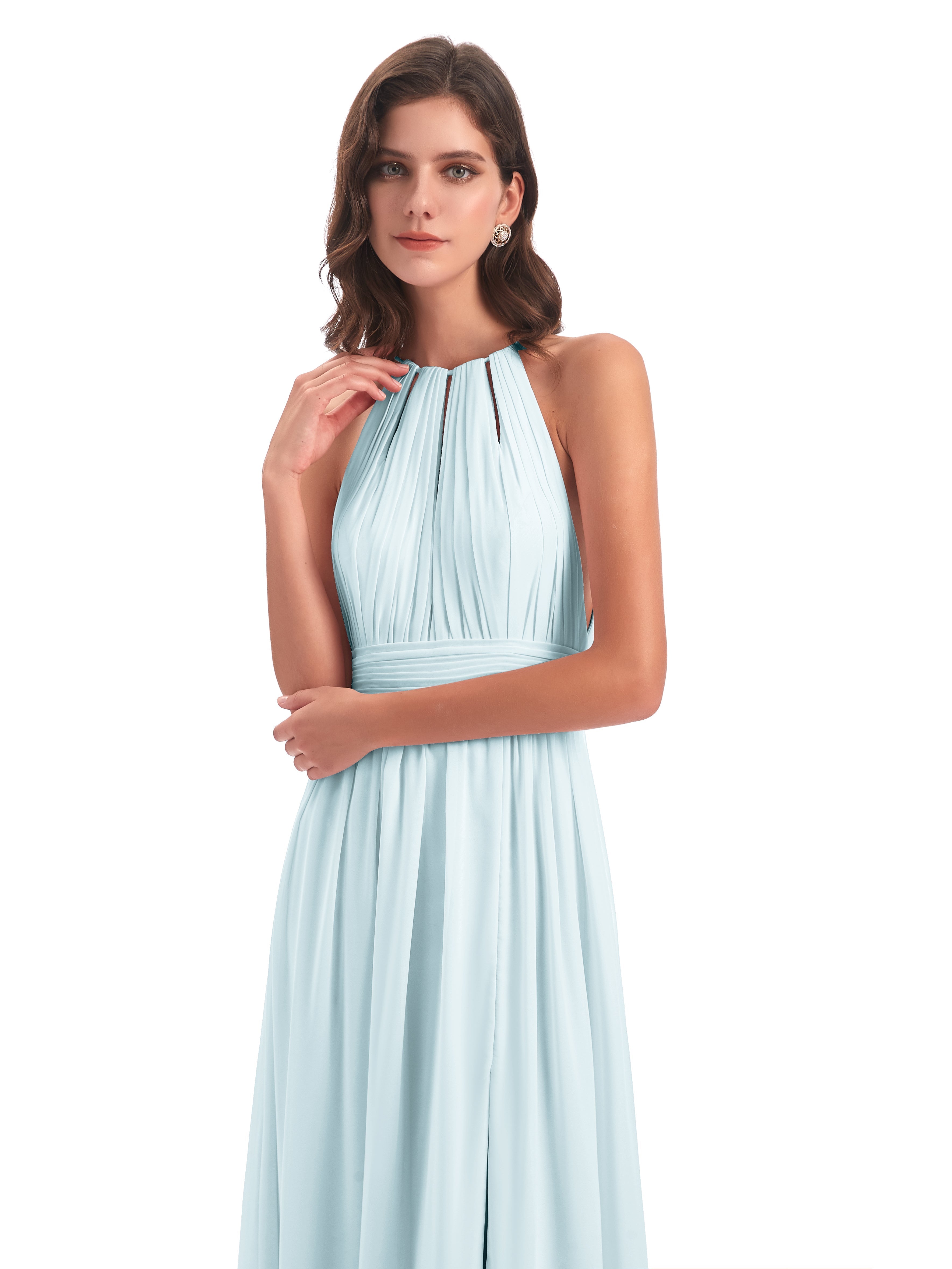 Robe De Demoiselle D'Honneur Brume Fendue Devant Licou Mousseline Robes Demoiselle D'Honneur