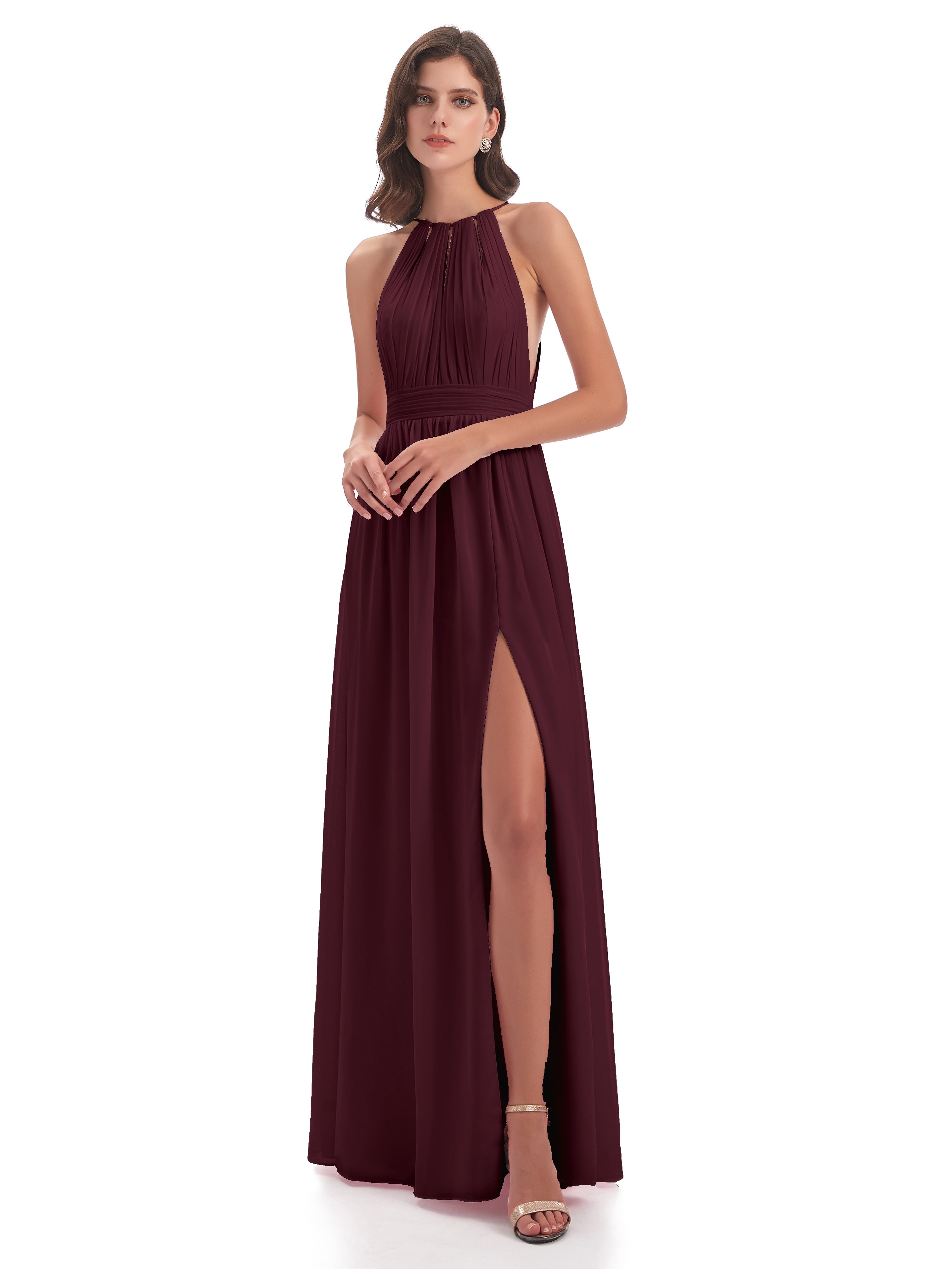 Robes De Demoiselle D'Honneur Cabernet Fendue Devant Licou Mousseline Robes Demoiselle D'Honneur
