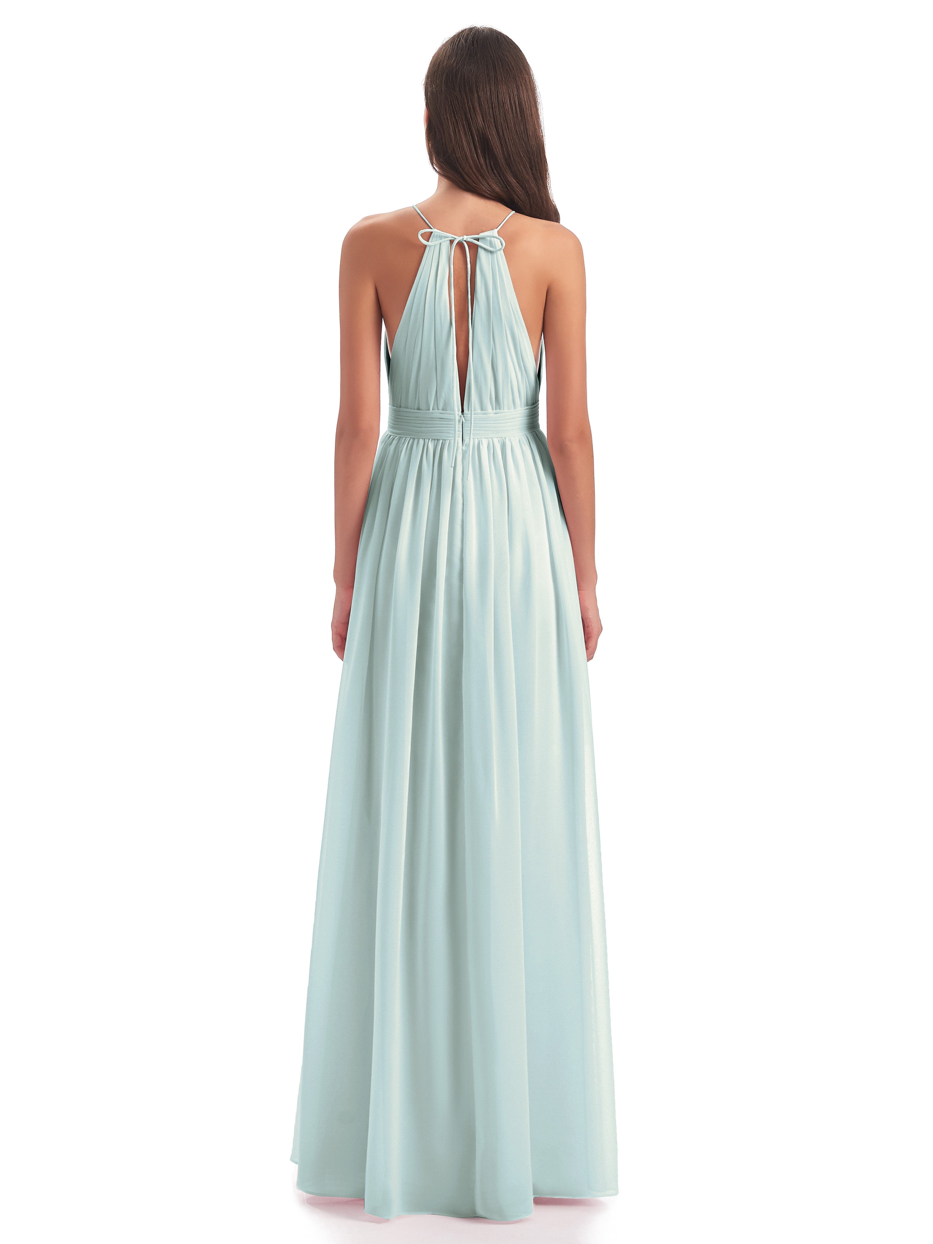 Robe Demoiselle D Honneur Vert Celadon Fendue Devant Licou Mousseline Robes Demoiselle D'Honneur