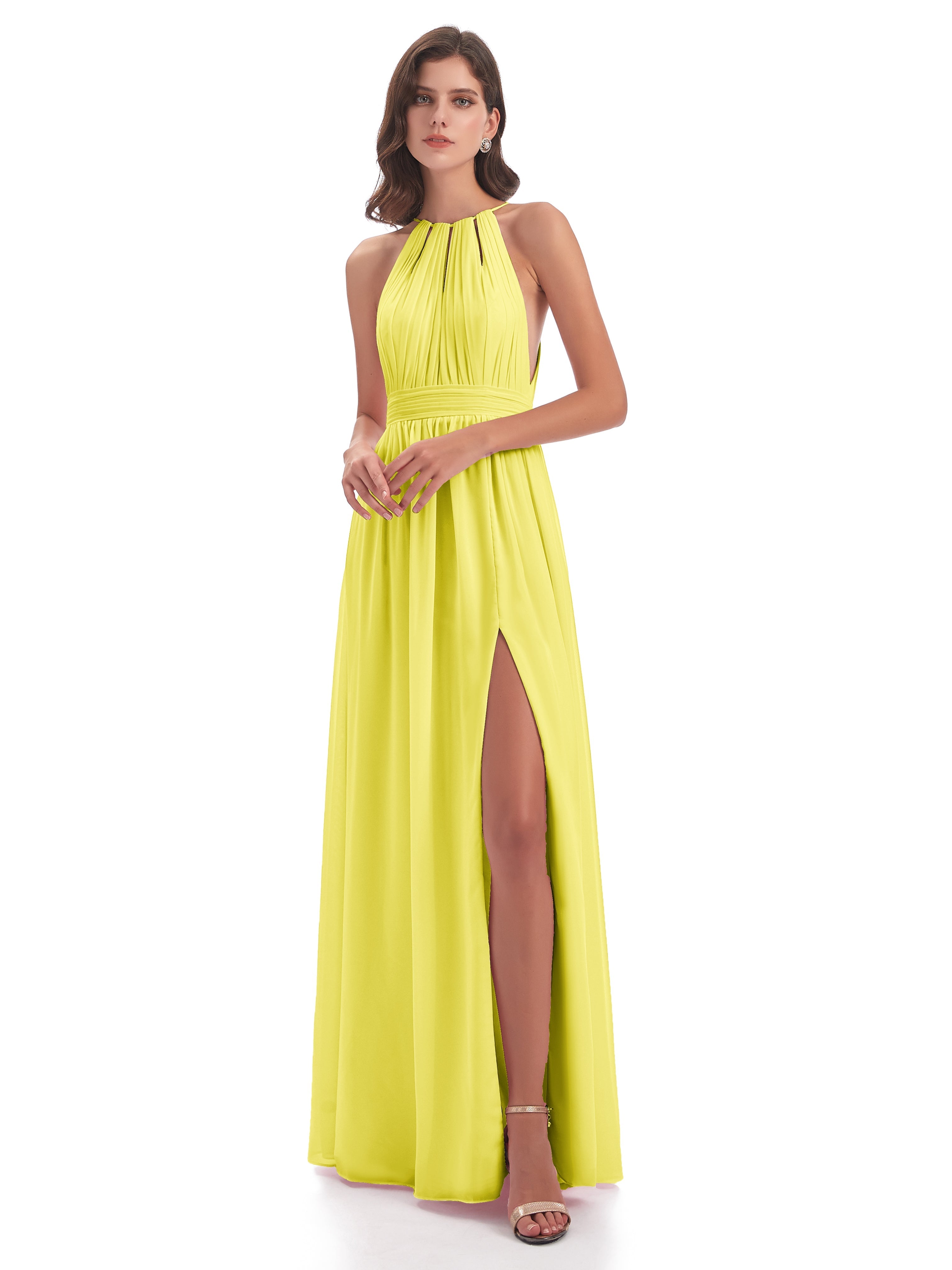 Robes De Demoiselle D'Honneur Citron Fendue Devant Licou Mousseline Robes Demoiselle D'Honneur