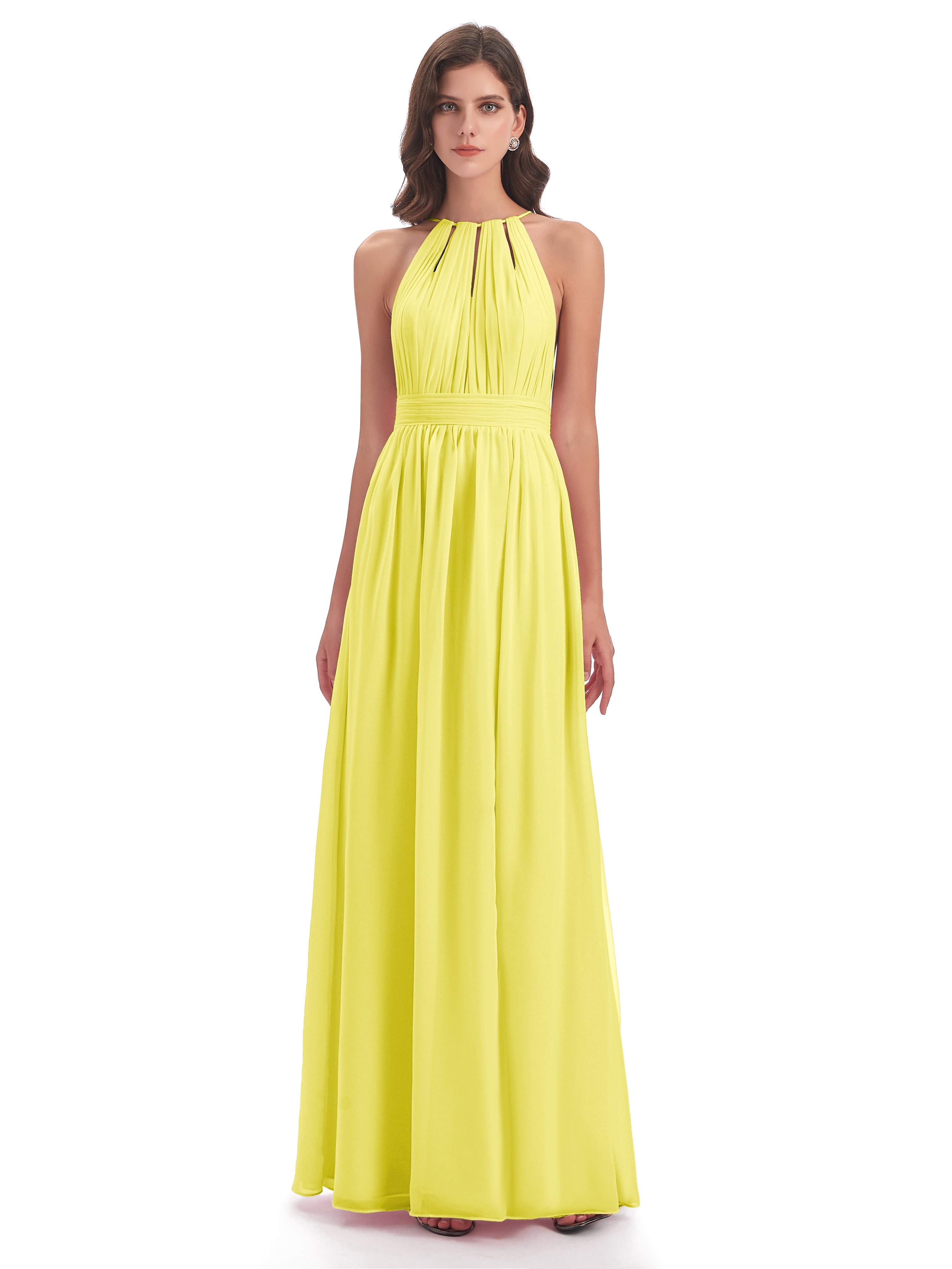 Robes De Demoiselle D'Honneur Citron Fendue Devant Licou Mousseline Robes Demoiselle D'Honneur