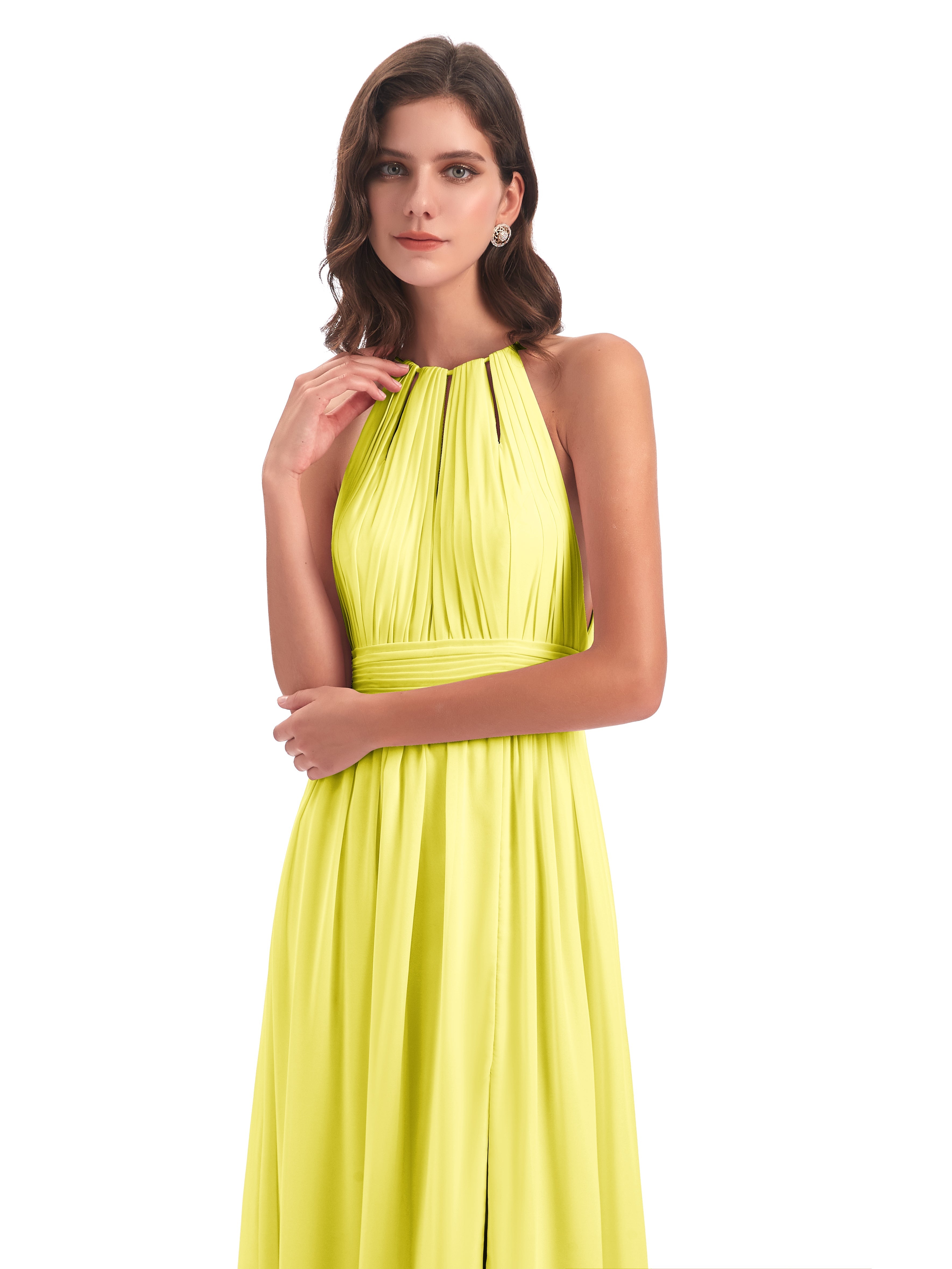 Robes De Demoiselle D'Honneur Citron Fendue Devant Licou Mousseline Robes Demoiselle D'Honneur