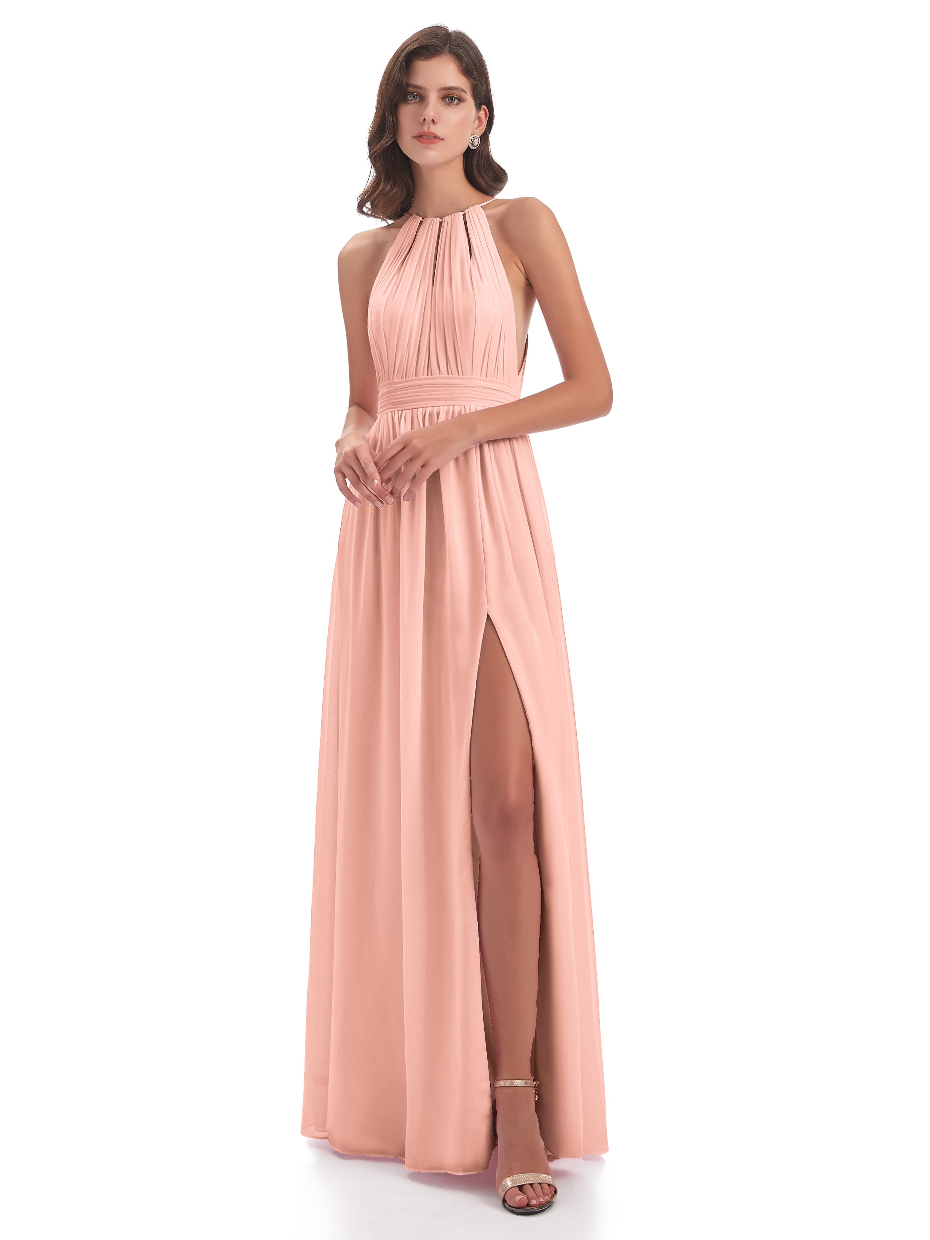 Robe Demoiselle D Honneur Corail Fendue Devant Licou Mousseline Robes Demoiselle D'Honneur